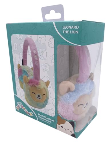Squishmallows Leonard The Lion - Auriculares Bluetooth de peluche con micrófono integrado para hacer y recibir llamadas. Rango Bluetooth de 10 metros, control de volumen, almohadillas de felpa suave -