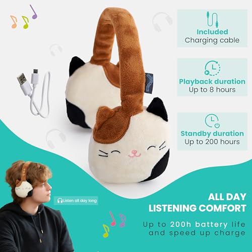 Squishmallows CAM The Cat - Auriculares Bluetooth de Felpa con micrófono Integrado para Hacer y Recibir Llamadas. Rango Bluetooth de 10 Metros, Control de Volumen, Almohadillas de Felpa Suave con