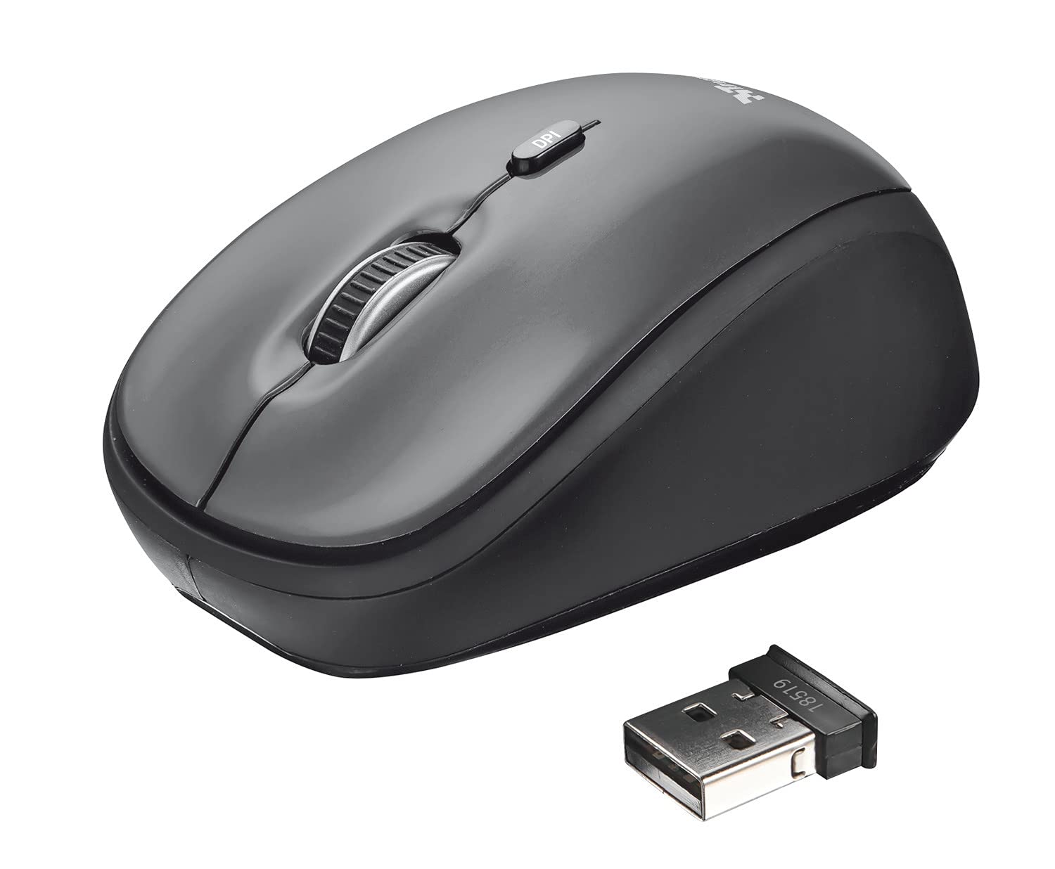 Trust Yvi - Ratón Inalámbrico Óptico, Compacto y Ambidiestro, 1600 DPI, USB 2.4 GHz, Bajo Consumo, Color Gris