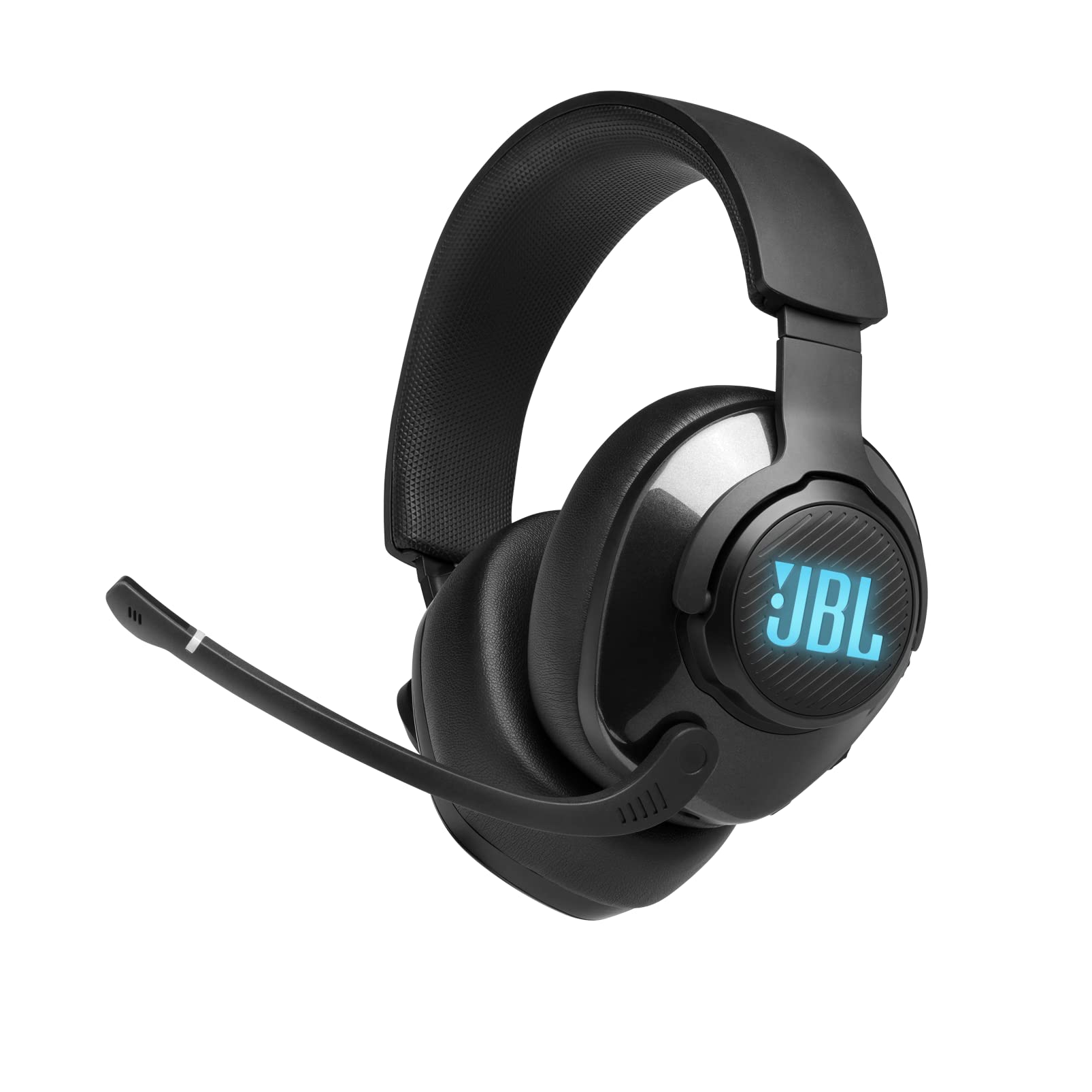 JBL Quantum 400 Auriculares para gamers con un diseño llamativo, tecnología de virtualización surround y reproducción DTS, con micrófono y RGB, compatible con múltiples plataformas, en negro