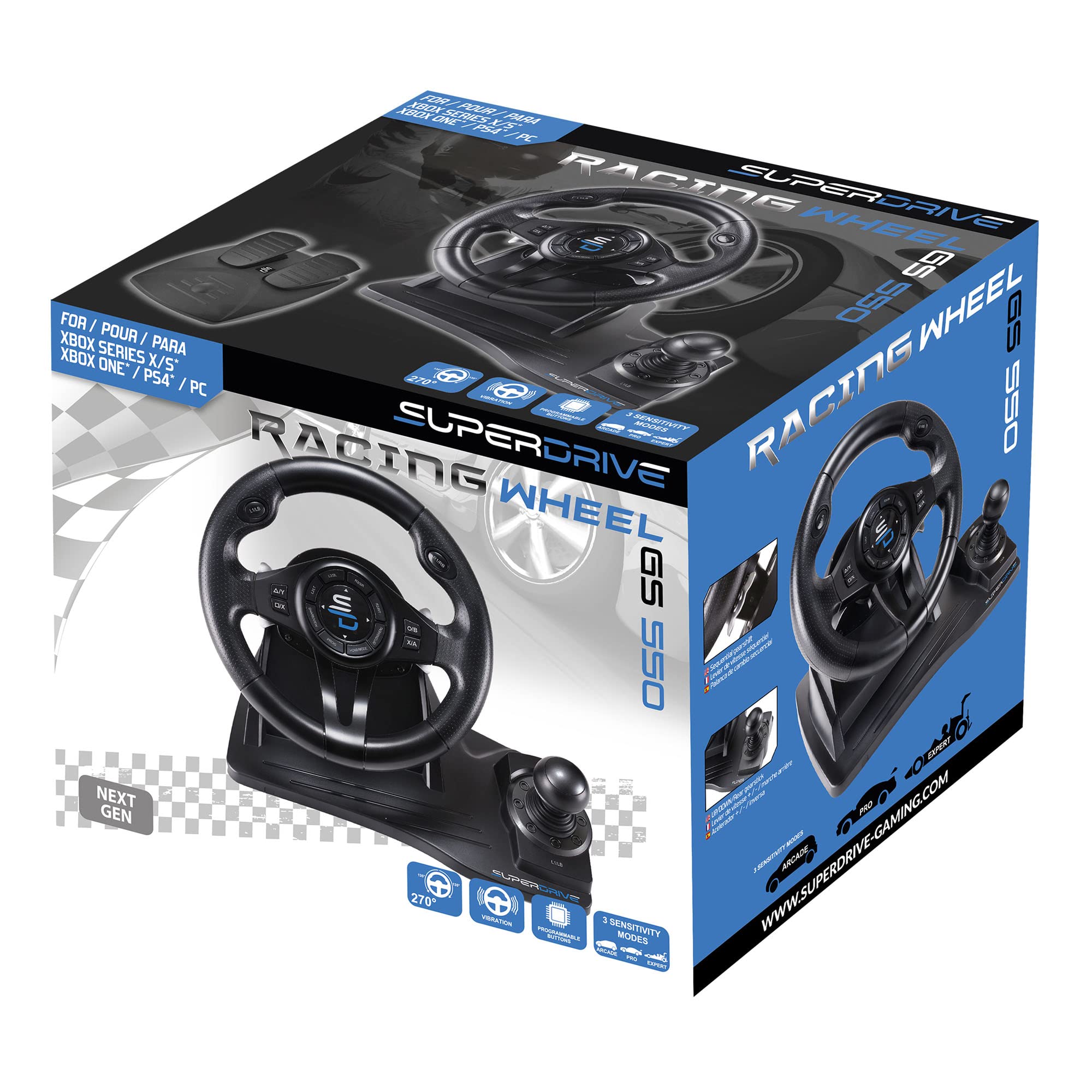 Subsonic Volante Superdrive Gs550 Racing Con Pedales, Levas De Cambio, Palanca De Cambios Y VibracióN Para XBOX - Serie X/S, PS4, Xbox One y PC (programable para todos los juegos) (Xbox Series X///)