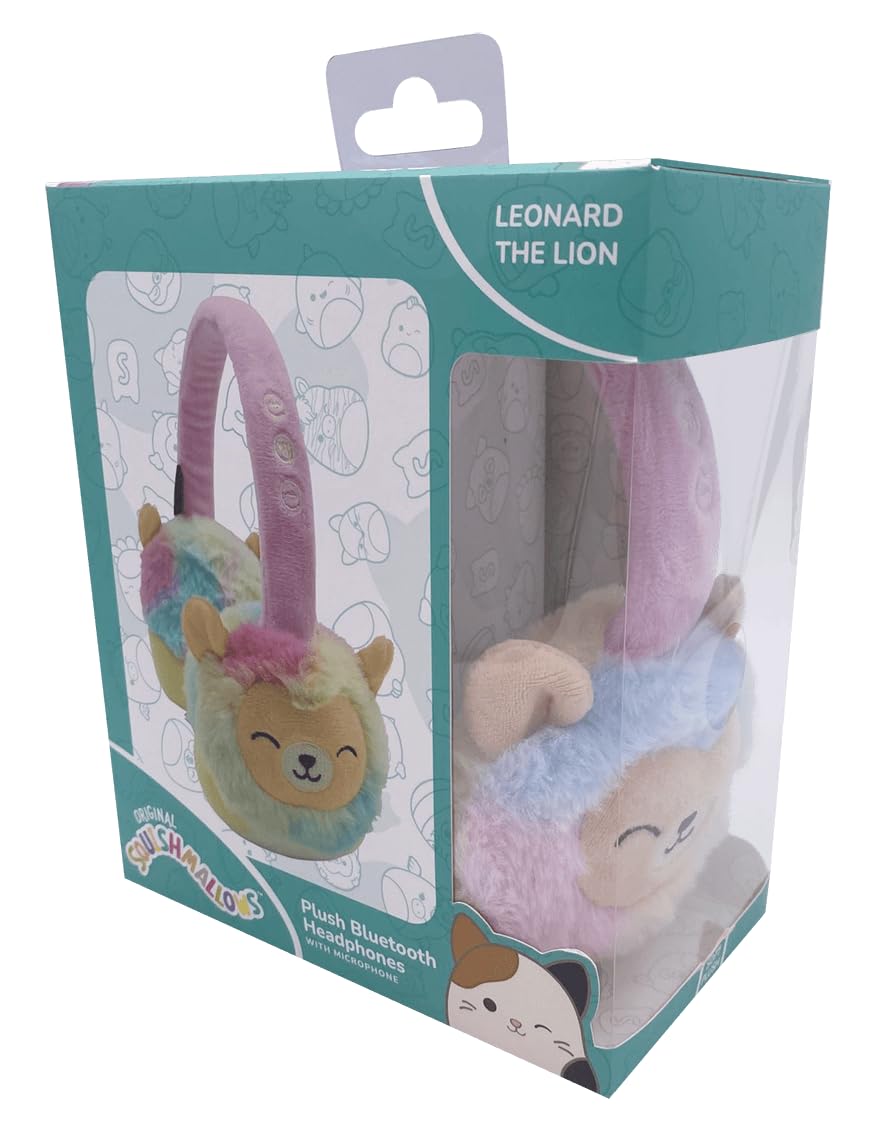 Squishmallows Leonard The Lion - Auriculares Bluetooth de peluche con micrófono integrado para hacer y recibir llamadas. Rango Bluetooth de 10 metros, control de volumen, almohadillas de felpa suave -