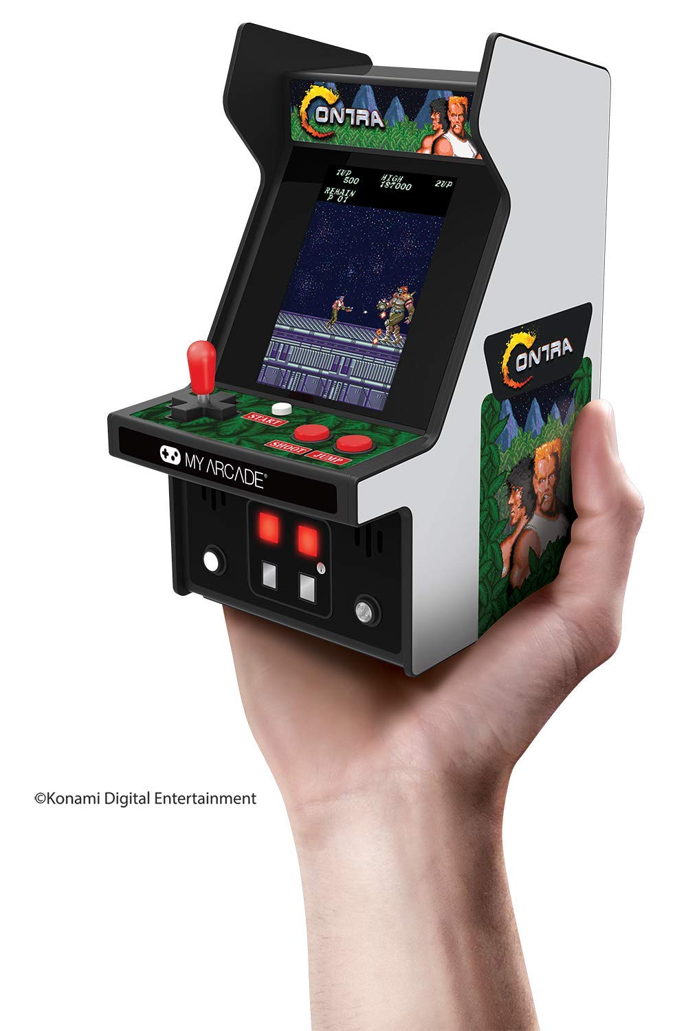 MY ARCADE Micro Player contre un mini stand rétro