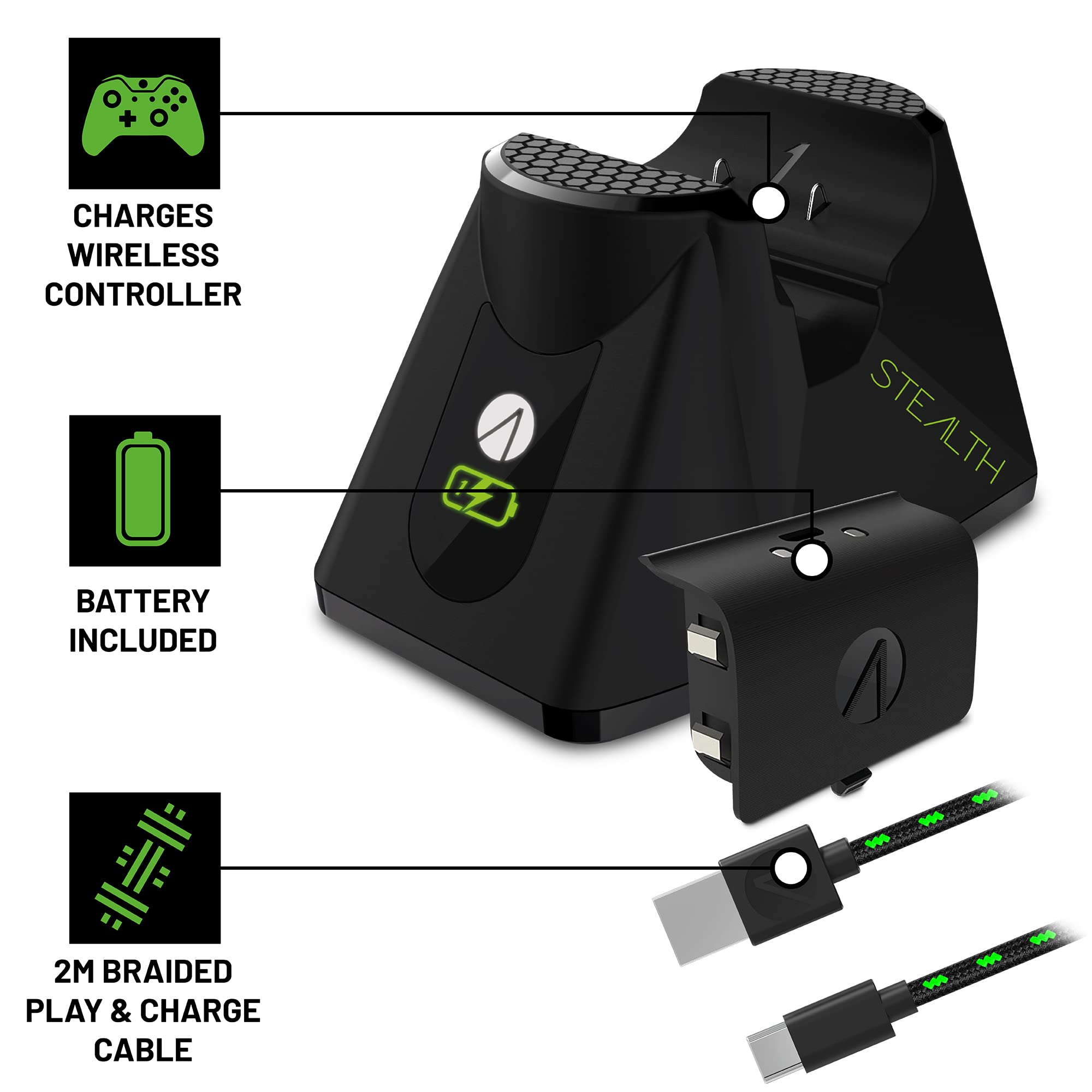 Stealth Sx-C160x XBOX - Series S/X Estación de Juego - Cascos Gaming, Soporte de Casco, Base de Almacenamiento, estación de Carga, batería de Alta Capacidad y Cable USB-C para Jugar y Cargar