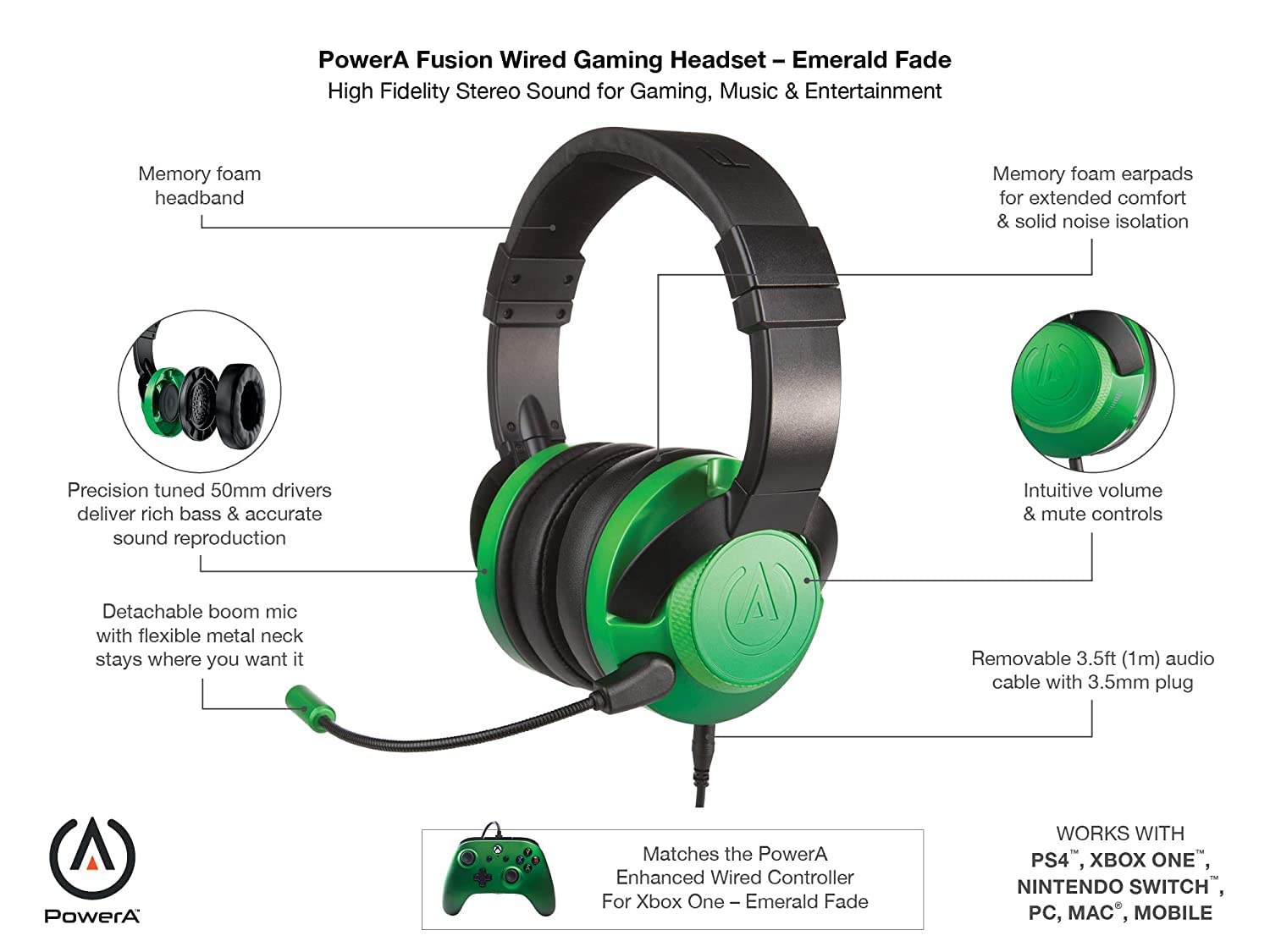 Powera Fusion - Auriculares Con Cable Y MicróFono Para Juegos, Controles En Orejeras, Para Pc, XBOX - , PS4 y dispositivos móviles, color verde esmeralda decolorado