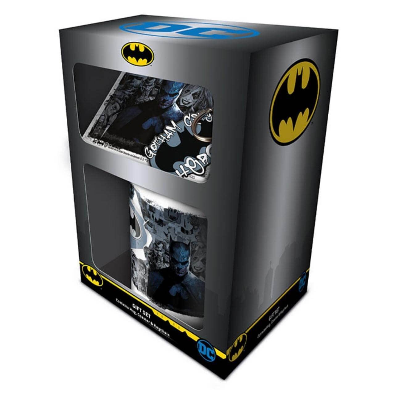 Pyramid International Batman Graffiti Set De Regalo Dc Comics Taza Posavasos Llavero Juego, Black/White/Blue, Talla úNica Unisex Adulto