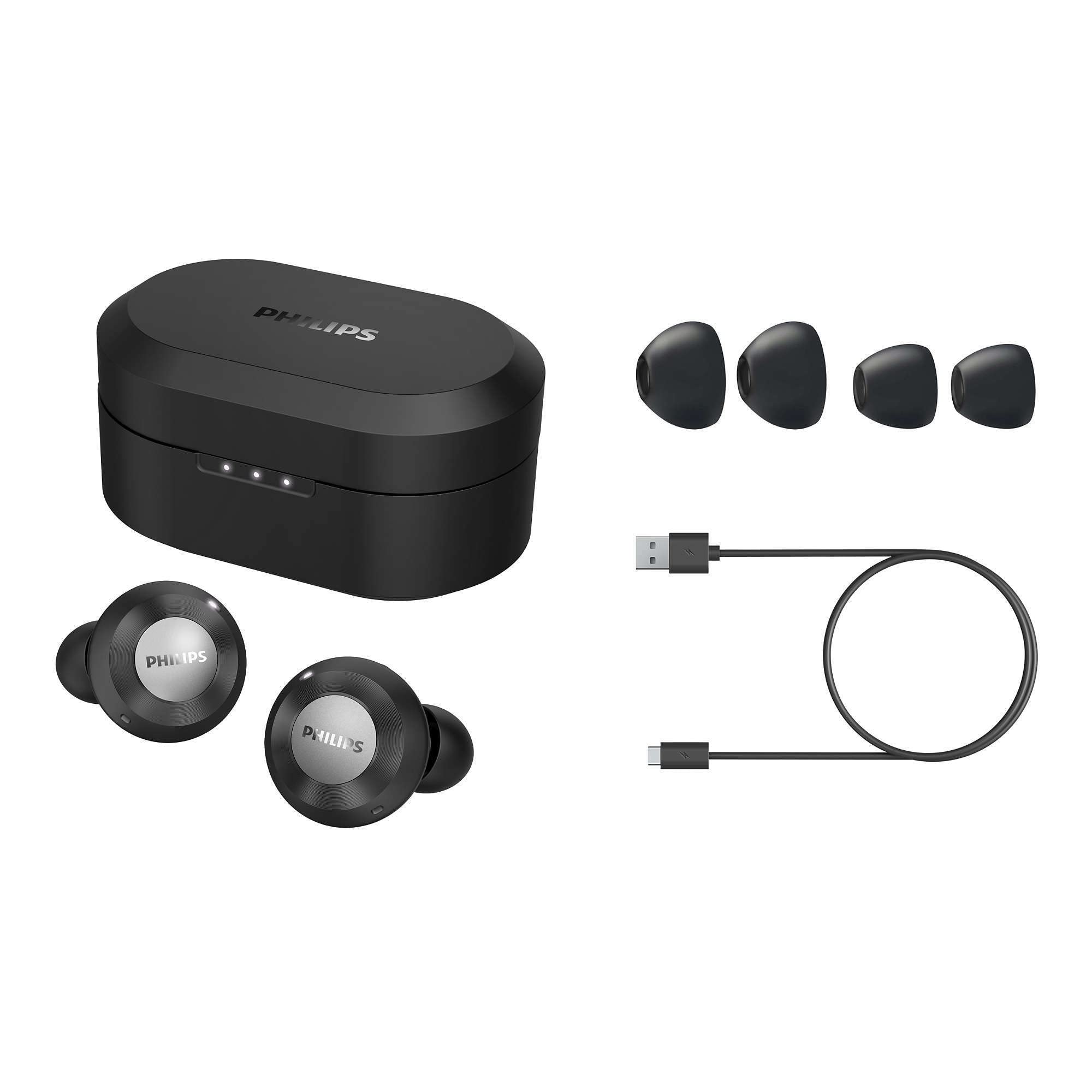 Philips T8505BK/00 Auriculares Intrauditivos Inalámbricos (Reducción de Ruido Activa Híbrida, Micrófonos Duales, Controlador Neodimio 13 mm, Asistente de Google, Carga Rápida) Negro, Modelo 2020/2021