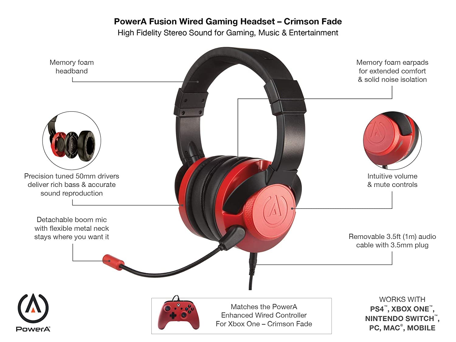 Powera Fusion 1512376-01 - Auriculares De Juego Con Cable, Color Rojo Decolorado (Crimson Fade)