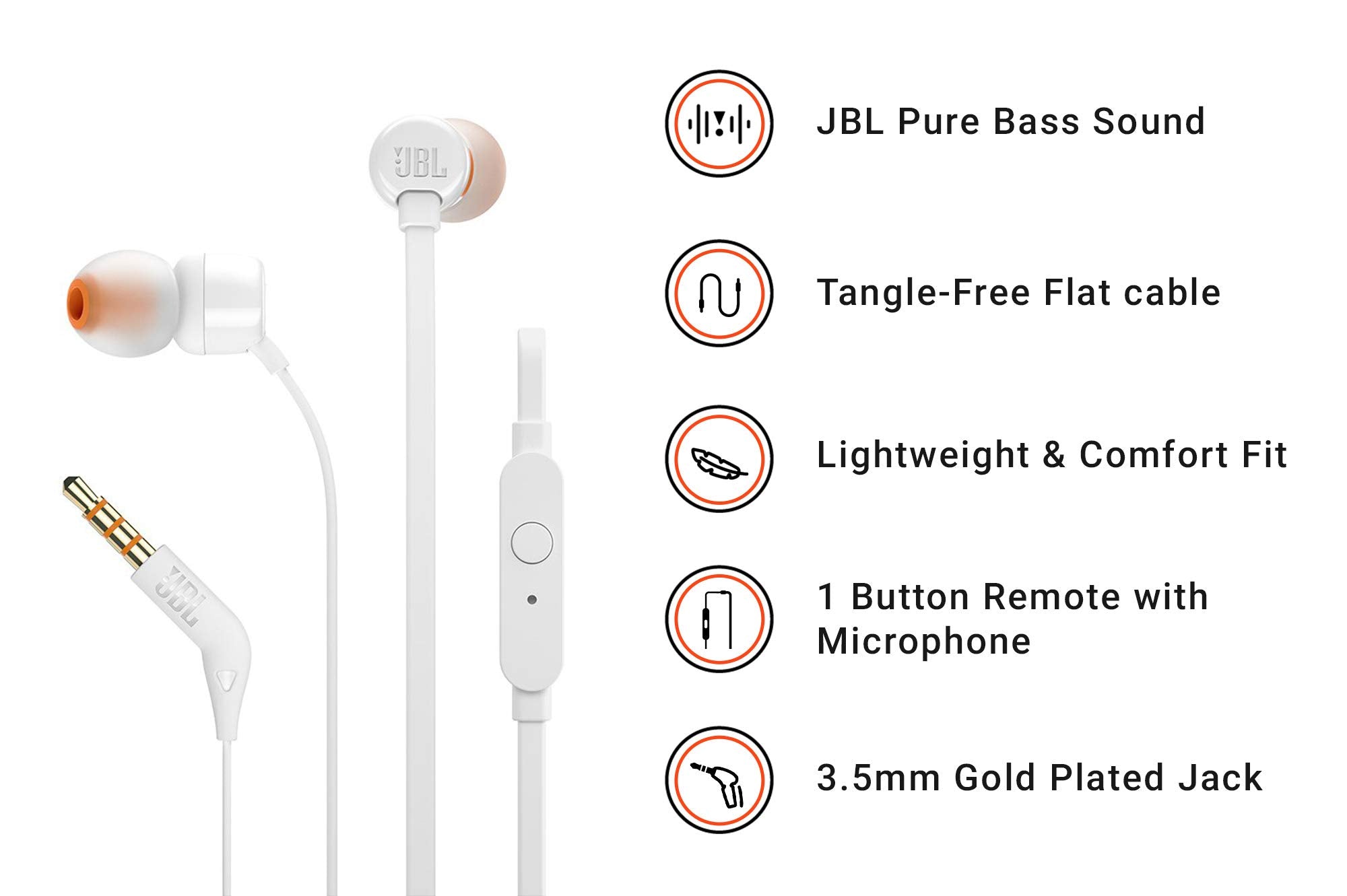 JBL Auriculares T160 Tune Wired IN-Ear Headphone with Mic White