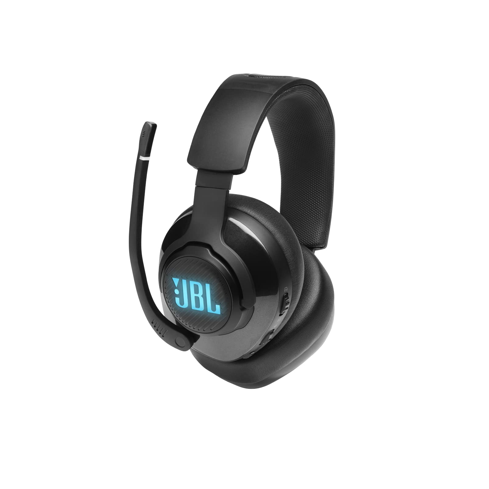 JBL Quantum 400 Auriculares para gamers con un diseño llamativo, tecnología de virtualización surround y reproducción DTS, con micrófono y RGB, compatible con múltiples plataformas, en negro