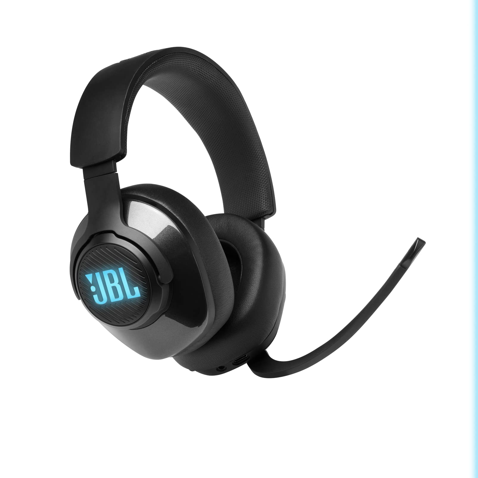 JBL Quantum 400 Auriculares para gamers con un diseño llamativo, tecnología de virtualización surround y reproducción DTS, con micrófono y RGB, compatible con múltiples plataformas, en negro