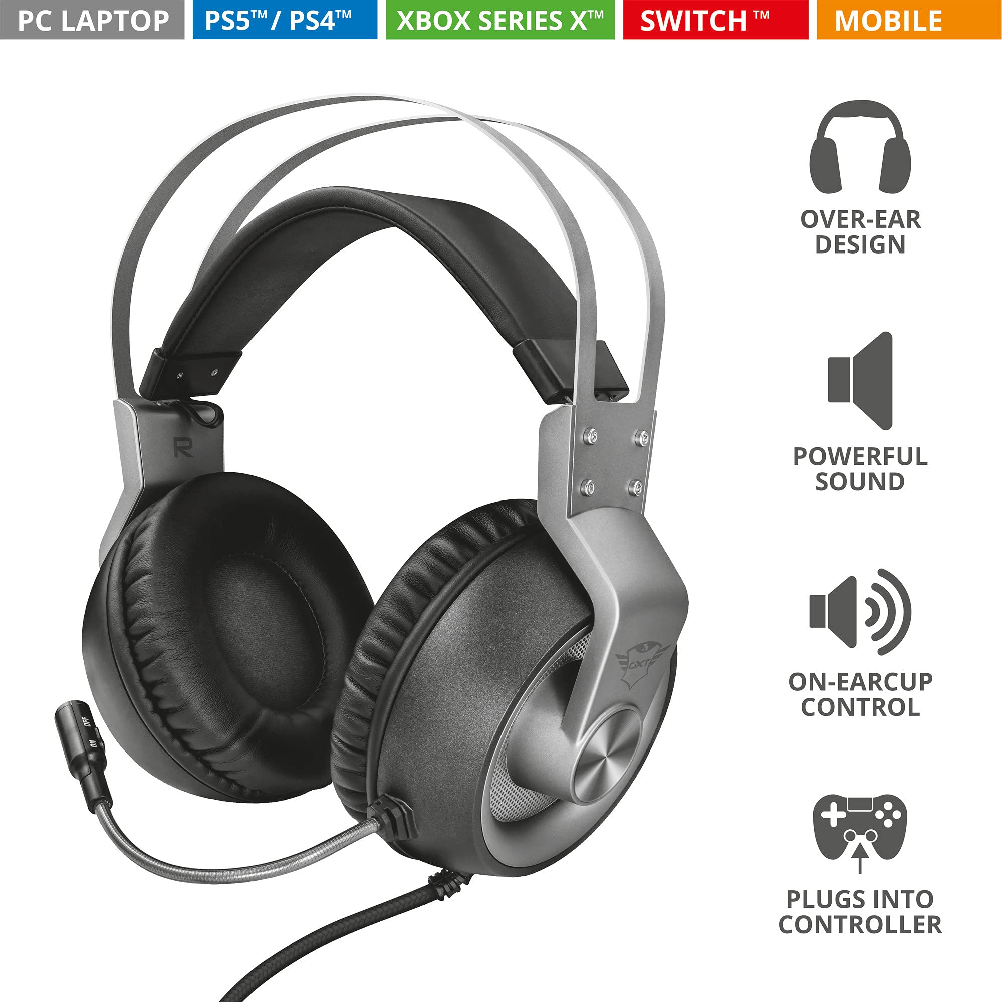 Trust Gaming Headphones GXT 430 Ironn Casque Gamer avec microphone flexible, unités acoustiques puissantes de 50 mm, câble en caoutchouc, pour PS4, PS5, PC, Nintendo Switch, Xbox One, Xbox Series X - Noir