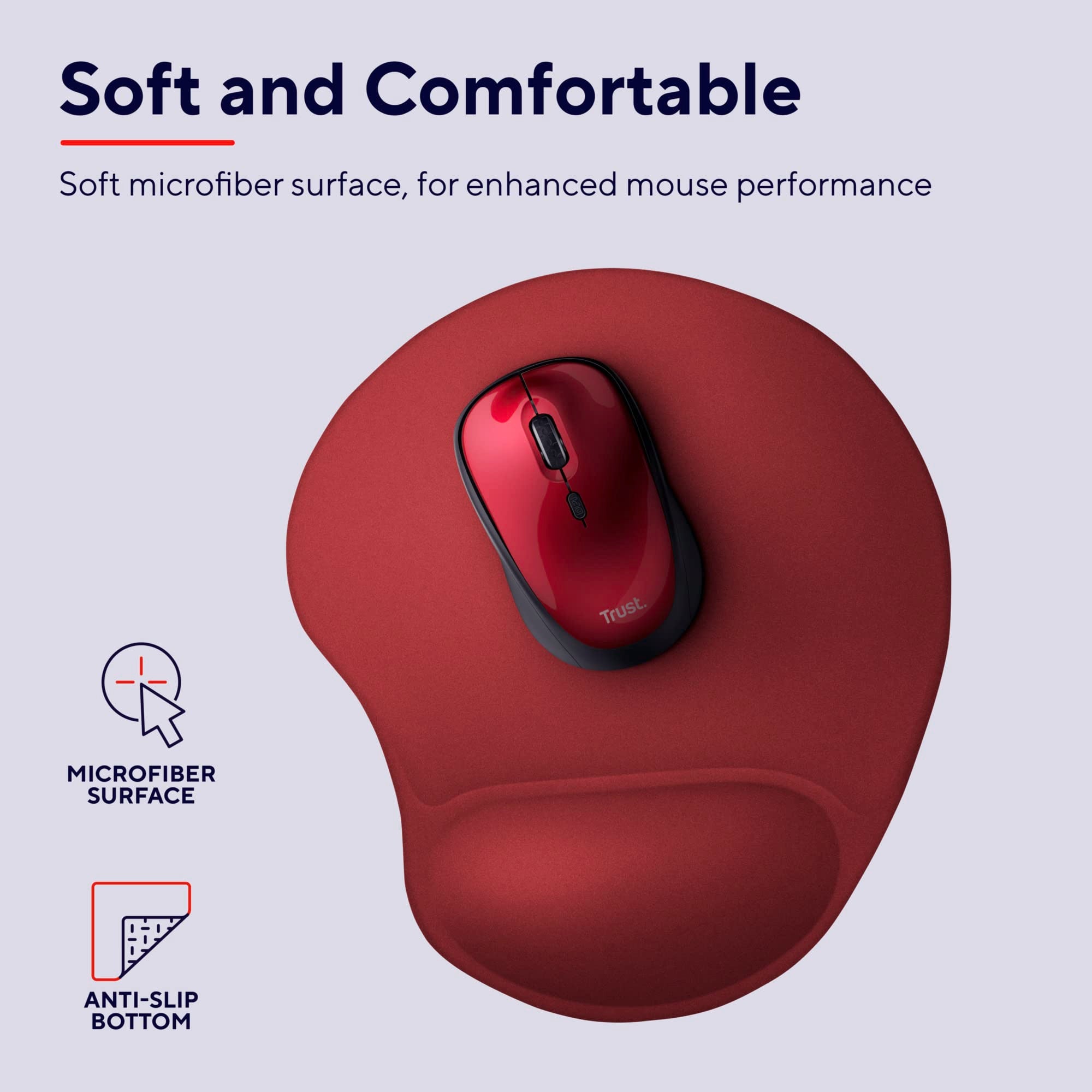 Trust Bigfoot Tapis de souris ergonomique avec repose-poignet en gel, base antidérapante, tapis de souris avec surface en microfibre pour ordinateur, PC, ordinateur portable – Rouge