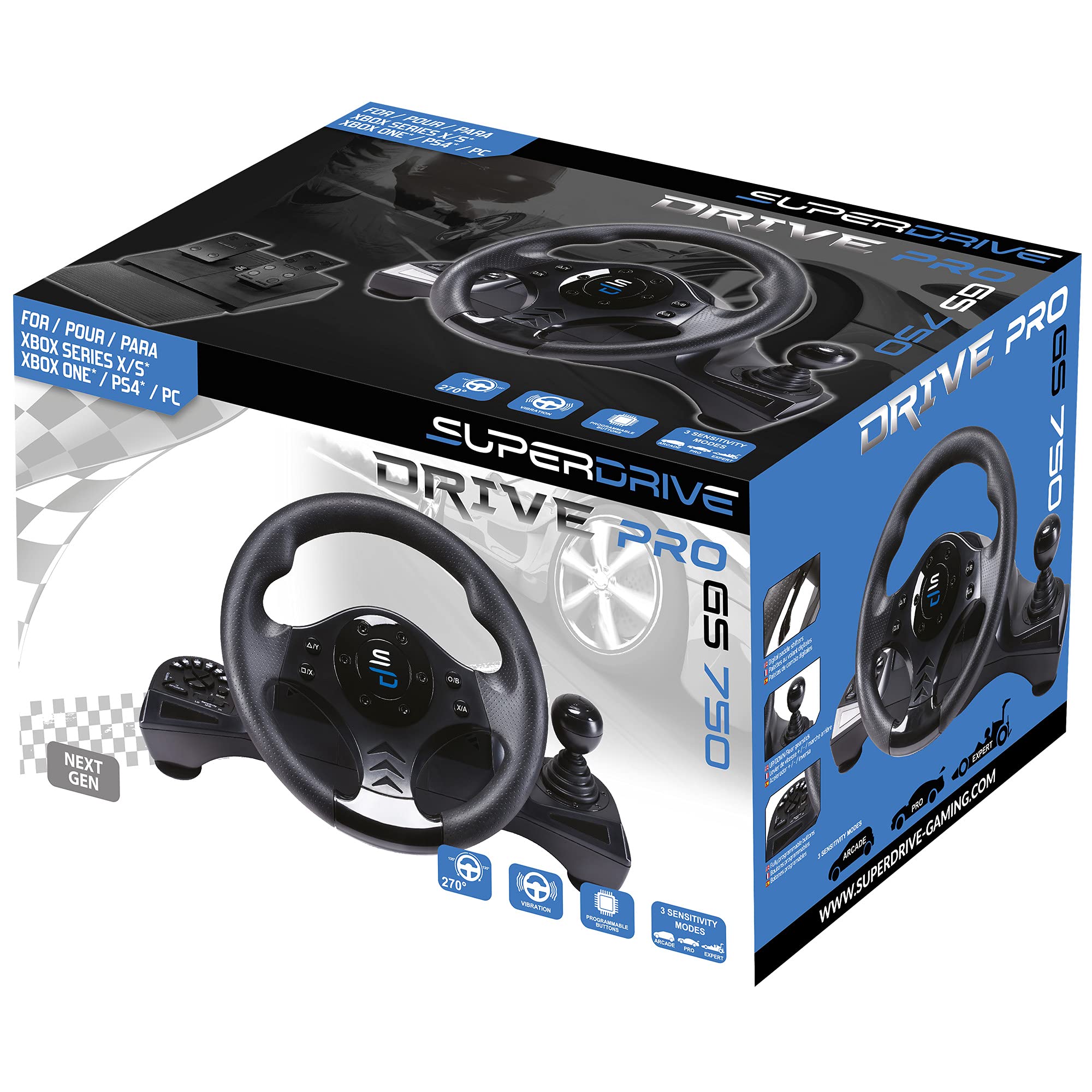 Subsonic - Superdrive, Volante De Carreras Gs750 Con Pedales, Paletas, Palanca De Cambios Y VibracióN Para XBOX - Serie X/S, Ps4, Xbox One, Pc, Ps3 (Programable Para Todos Los Juegos), Xbox Series X