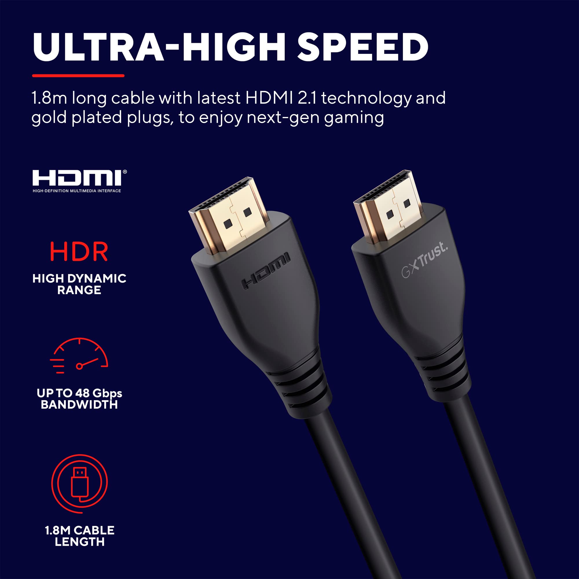 Trust Gaming Gxt 731 Ruza Cable Hdmi 2.1 De Velocidad Ultraalta, 48gbps, 8k@60hz Y 4k@120hz, 1,8 M, Compatibile Con PS5 - , PS4, Xbox One, PC, Smart TV - Negro