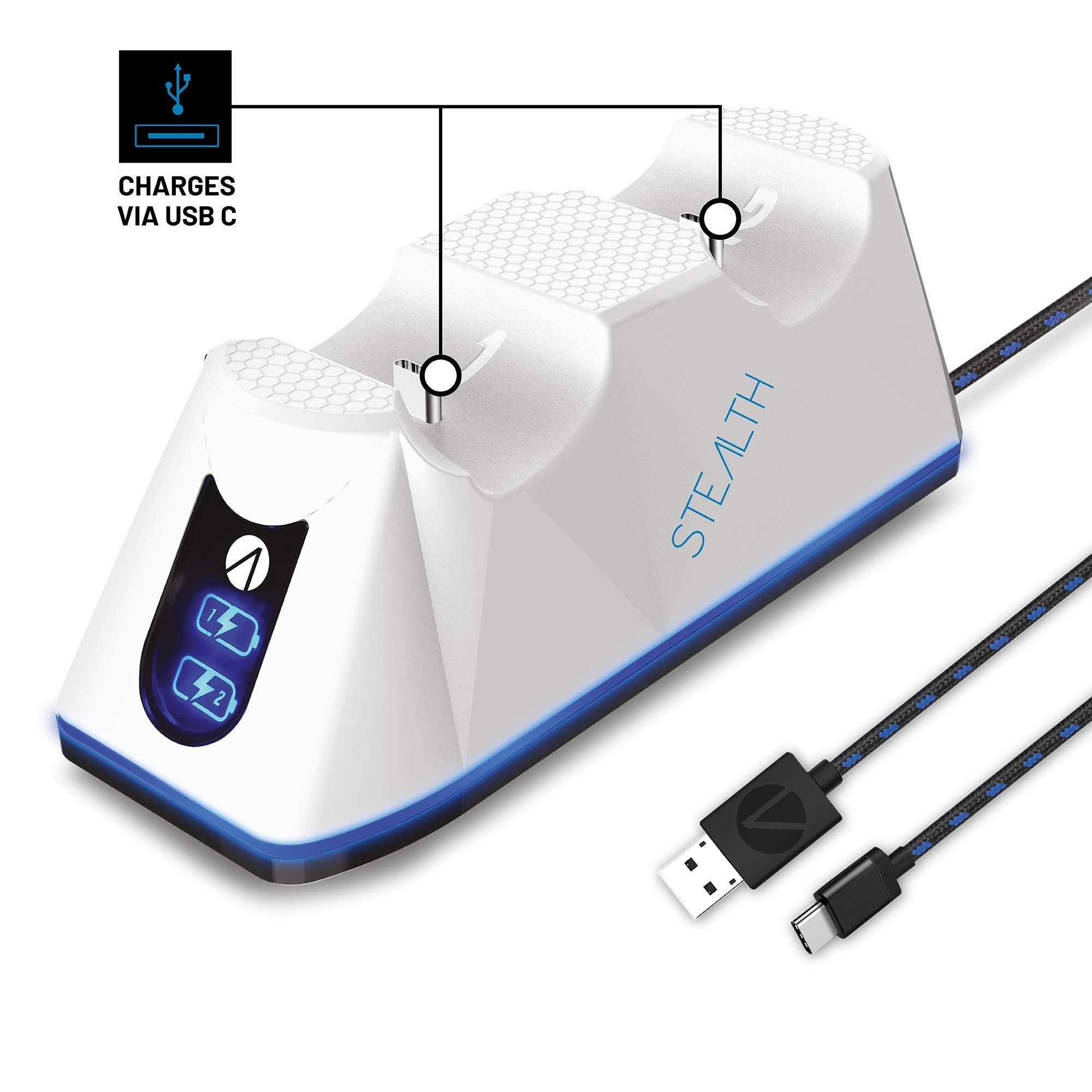 Station de chargement double Stealth SP-C100 V avec câble de jeu et de chargement pour PS5 - Blanc