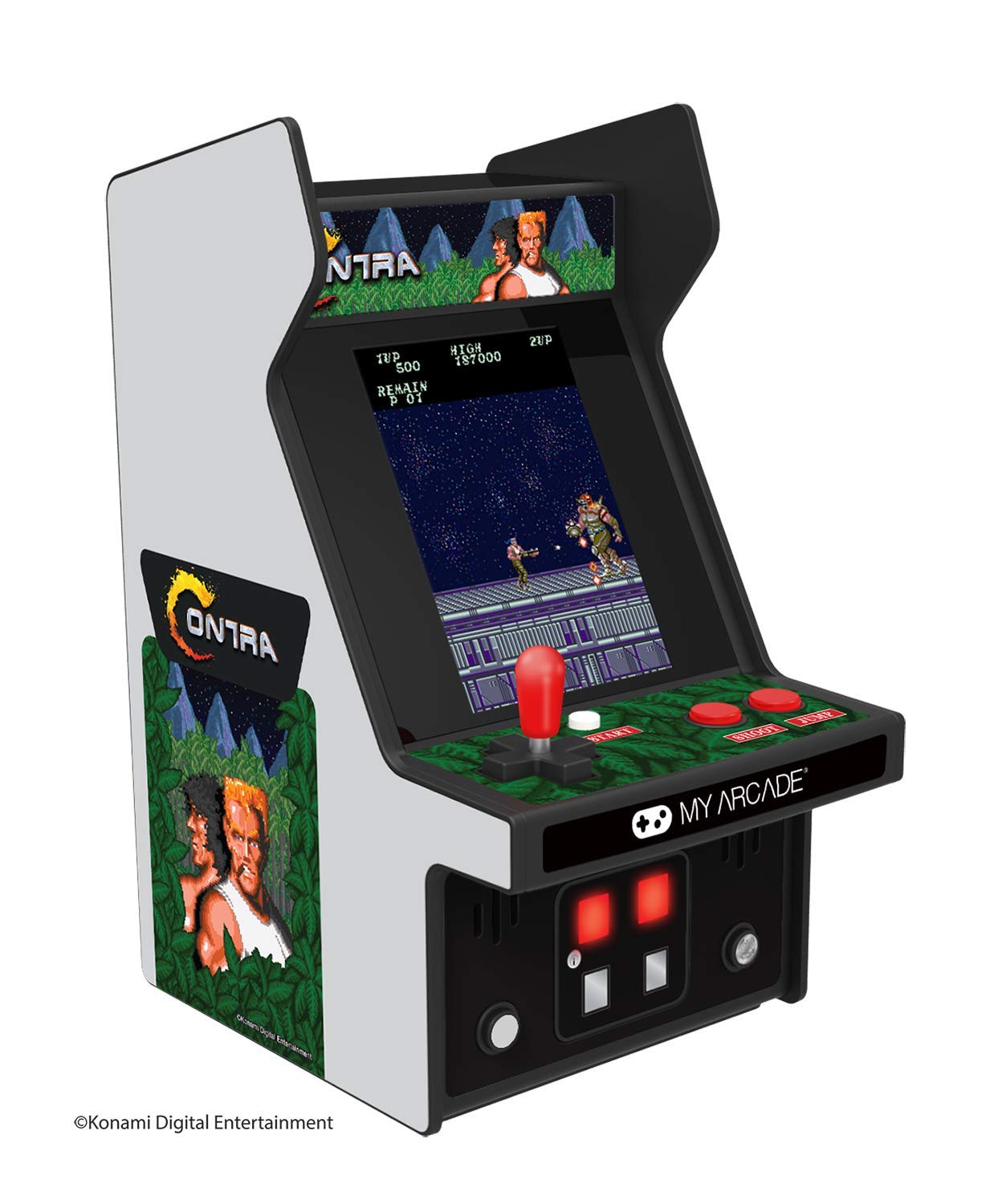 MY ARCADE Micro Player contre un mini stand rétro