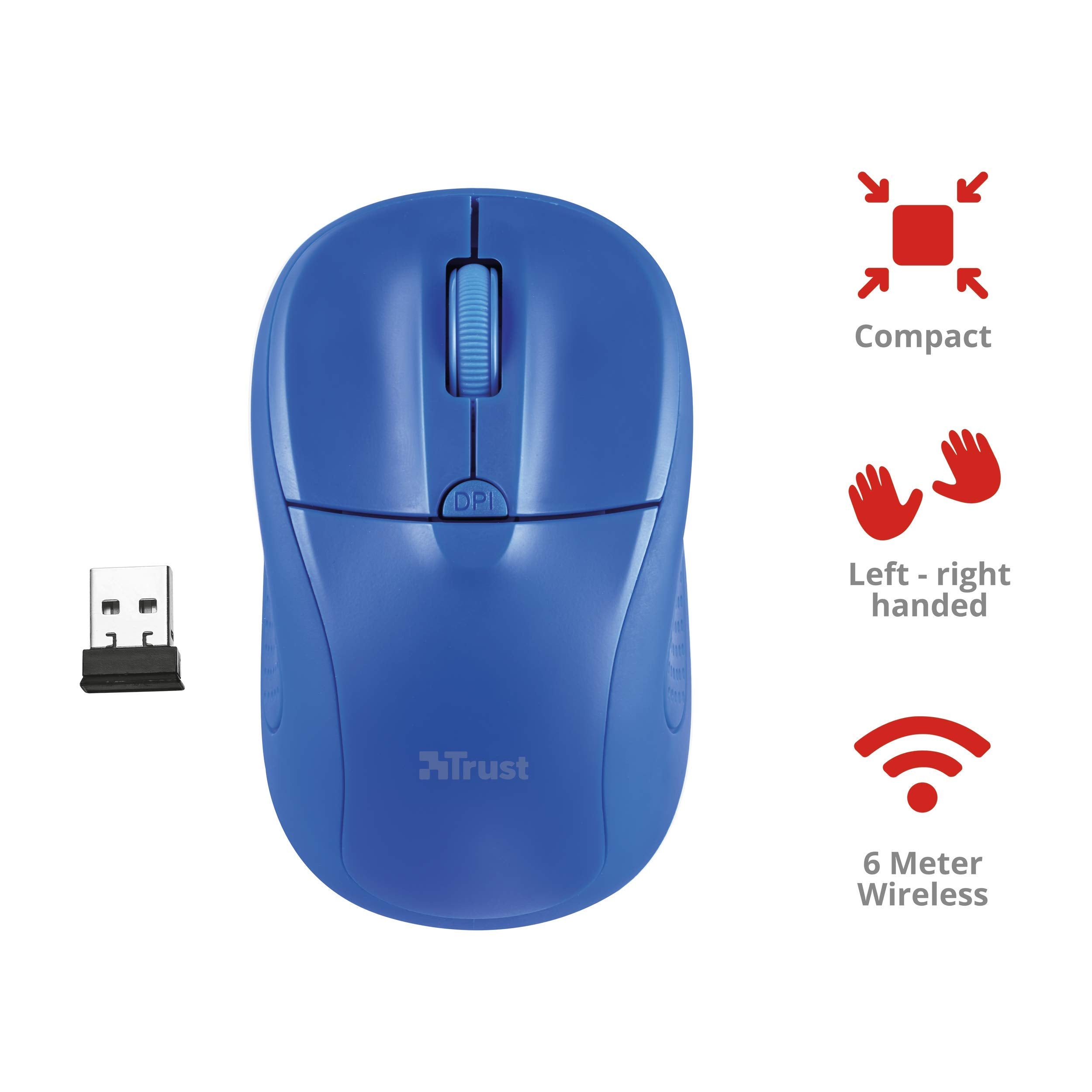 Trust Primo Souris optique sans fil, souris pour ordinateur portable, récepteur USB stockable, 1000-1600 dpi, pour droitiers et gauchers, souris sans fil pour PC, ordinateur portable, Mac – Noir