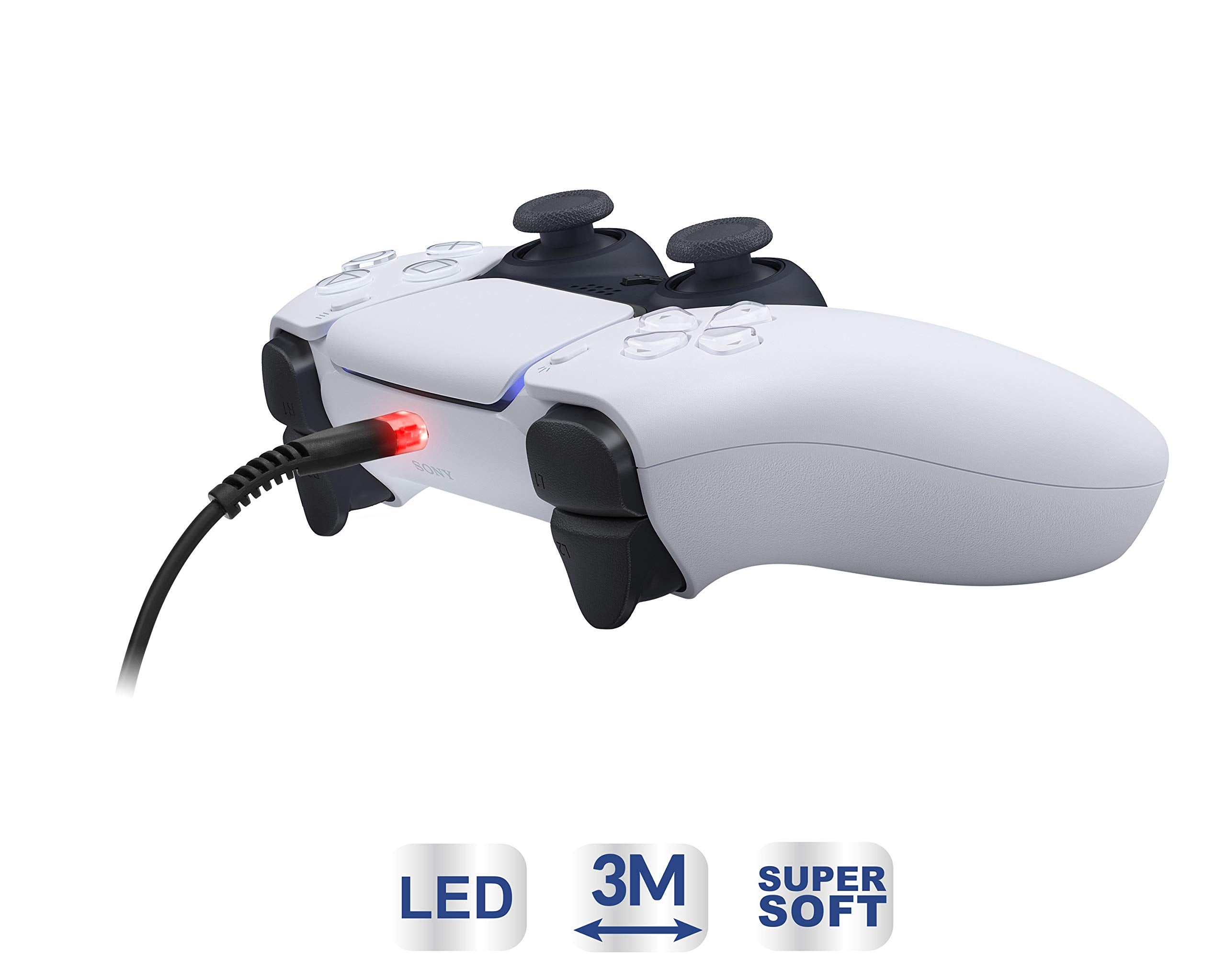 Subsonic Raiden - Cable Usb C De Carga Y Transferencia, Supersoft Anti Nudos De 3 Metros, RetroiluminacióN Led Para El Mando ( PS5 - )