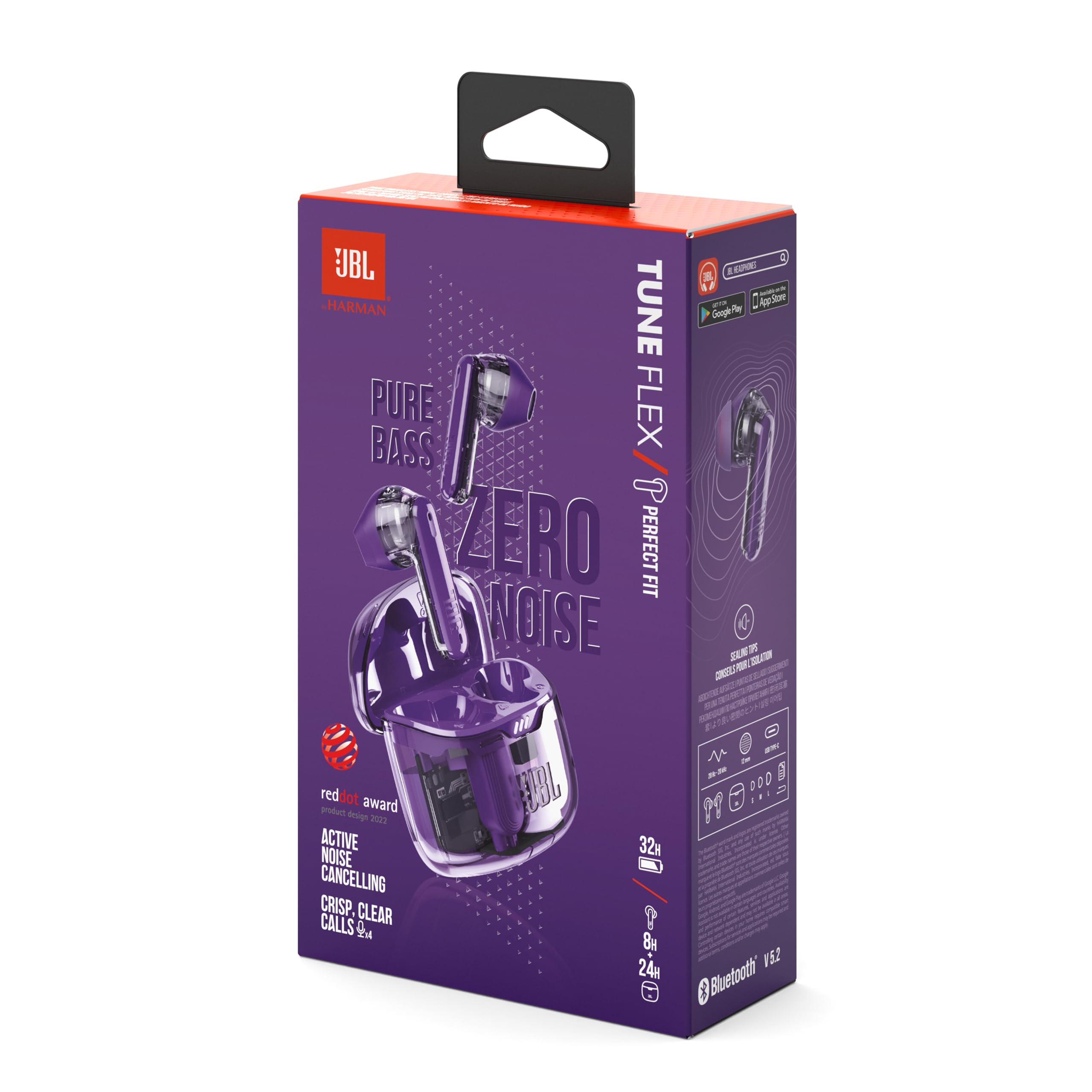 JBL Tune Flex Ghost, Auriculares In-Ear inalámbricos con cancelación de ruido adaptativa, Bluetooth, resistente al agua y al sudor IPX4, aplicación JBL Headphones y 32 horas de batería, purple ghost