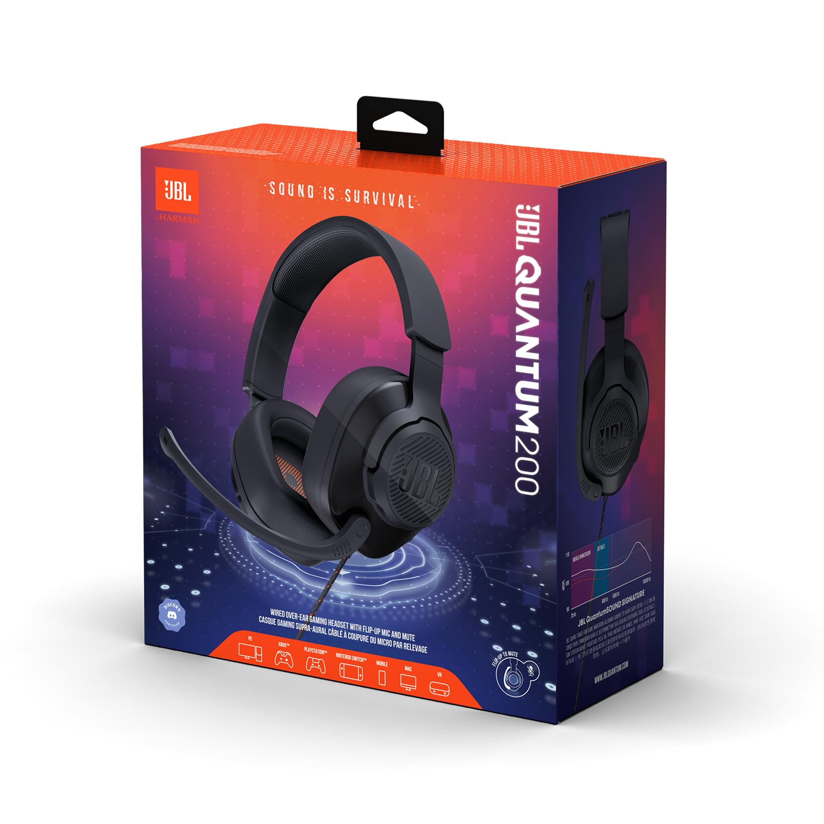 JBL Quantum 200 Auriculares para gamers con sonido QuantumSOUND y micrófono, con un diseño llamativo, compatible con múltiples plataformas, en negro