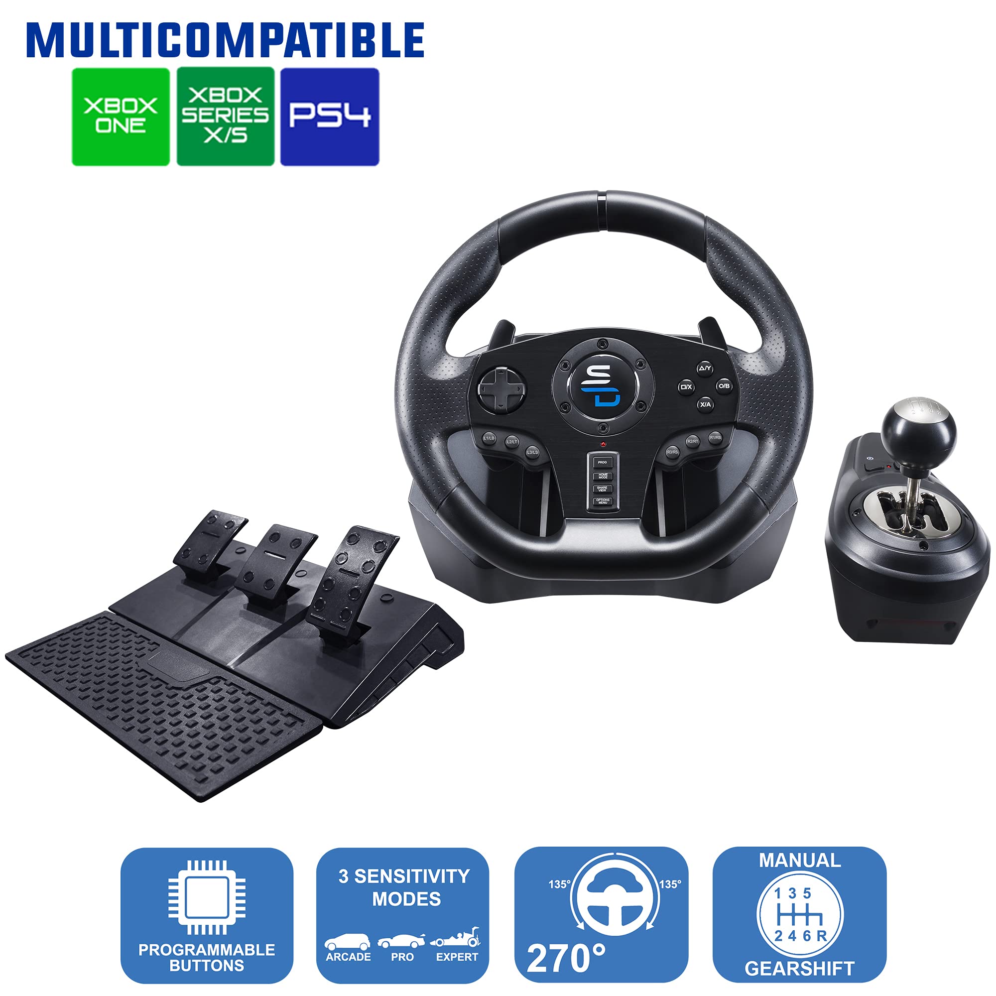 Subsonic - Volante De Carreras Gs850-X Con Cambio Manual, 3 Pedales Y Levas Para XBOX - Series X/S, PS4, Xbox One (programable para todos los juegos)