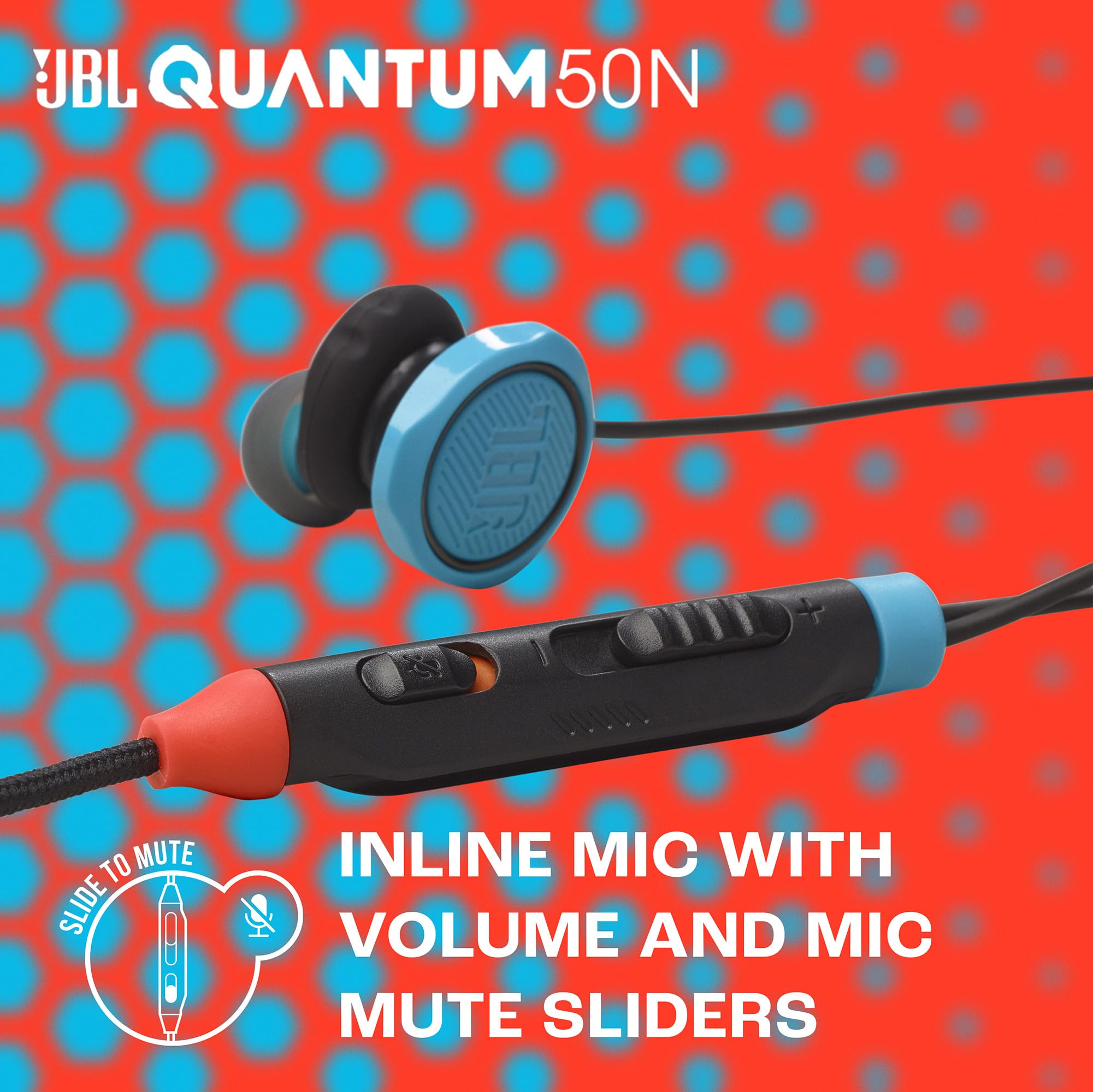 JBL Quantum 50N, auriculares intraaurales para gaming con cable, USB-C, JBL QuantumSURROUND, micrófono, botones para volumen y silenciar micrófono, compatibilidad multiplataforma, azul y rojo