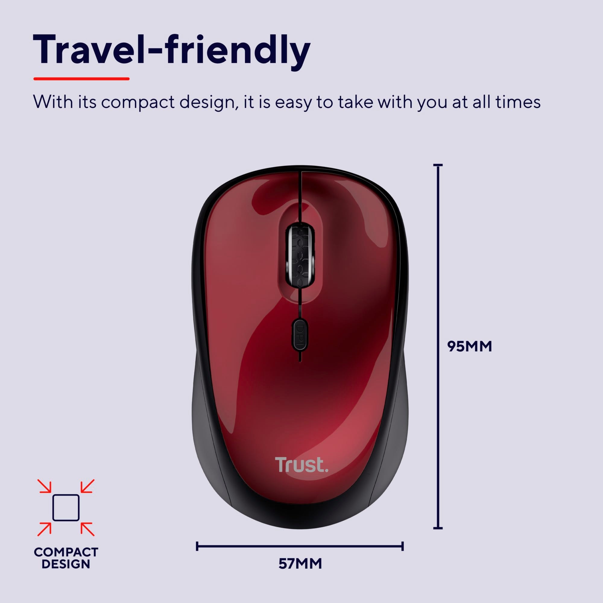 Trust Yvi Ratón Óptico Inalámbrico Rojo – Ergonomía Con Lados De Goma, DPI Ajustable 800-1600, Conexión USB Estable 2.4 GHz