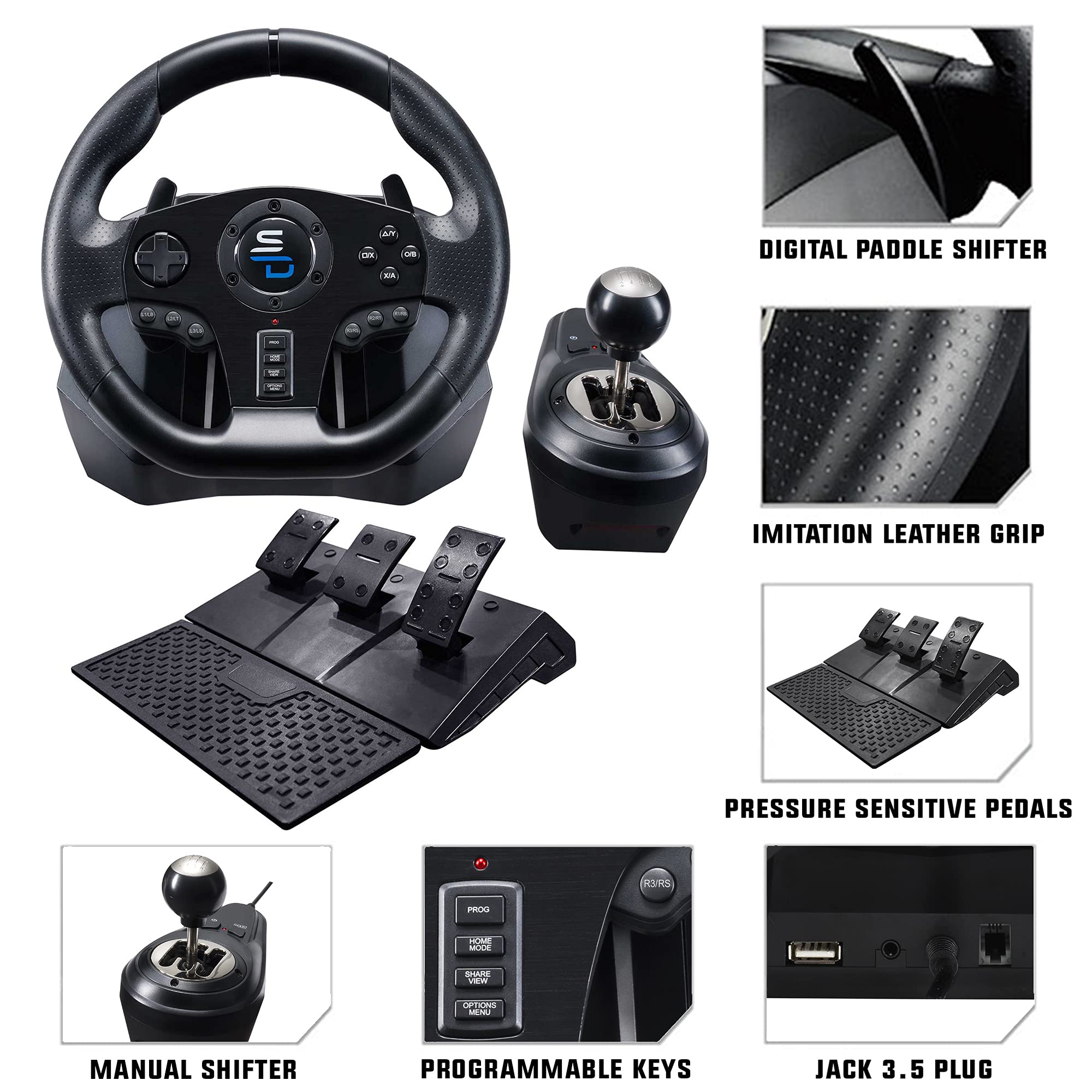Subsonic - Volante De Carreras Gs850-X Con Cambio Manual, 3 Pedales Y Levas Para XBOX - Series X/S, PS4, Xbox One (programable para todos los juegos)