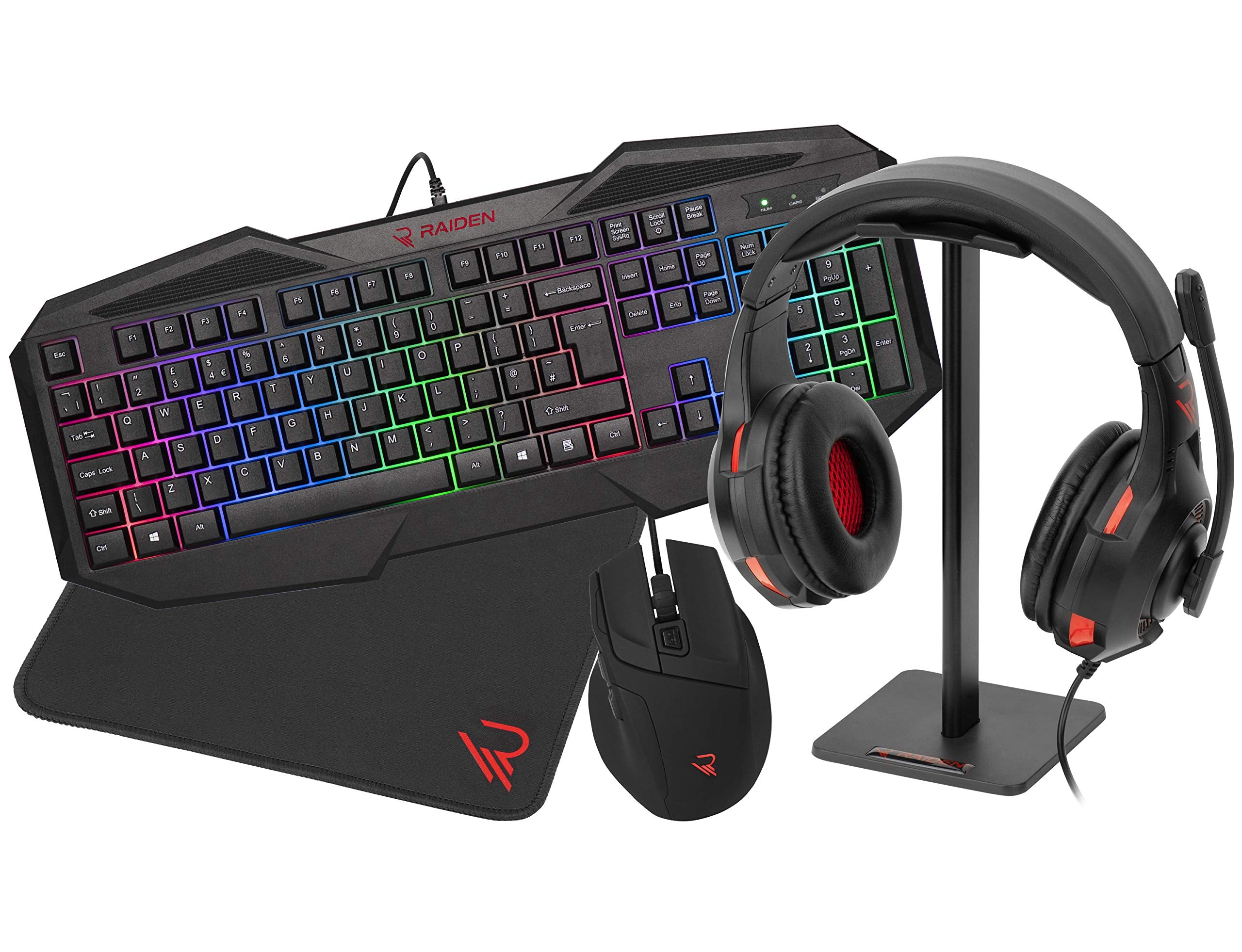 - Raiden - Paquete De Accesorios De Juego 5 En 1 Para Pc - Teclado Qwerty - RatóN - Alfombrillas - Soporte Para Auriculares Y Cascos (Windows 8)