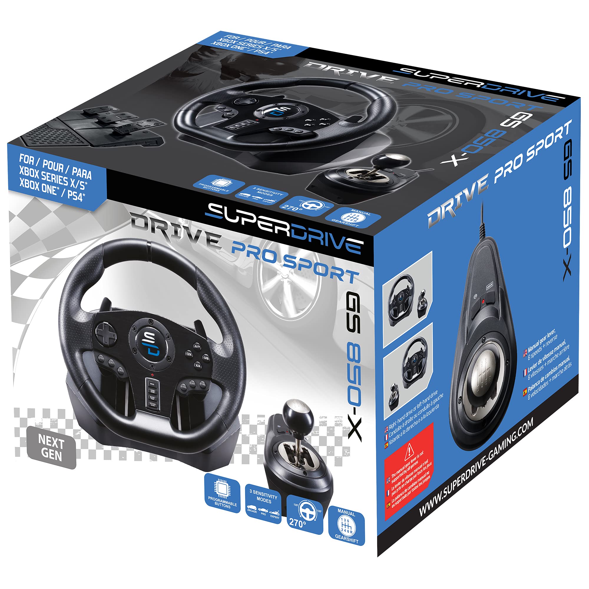 Subsonic - Volante De Carreras Gs850-X Con Cambio Manual, 3 Pedales Y Levas Para XBOX - Series X/S, PS4, Xbox One (programable para todos los juegos)