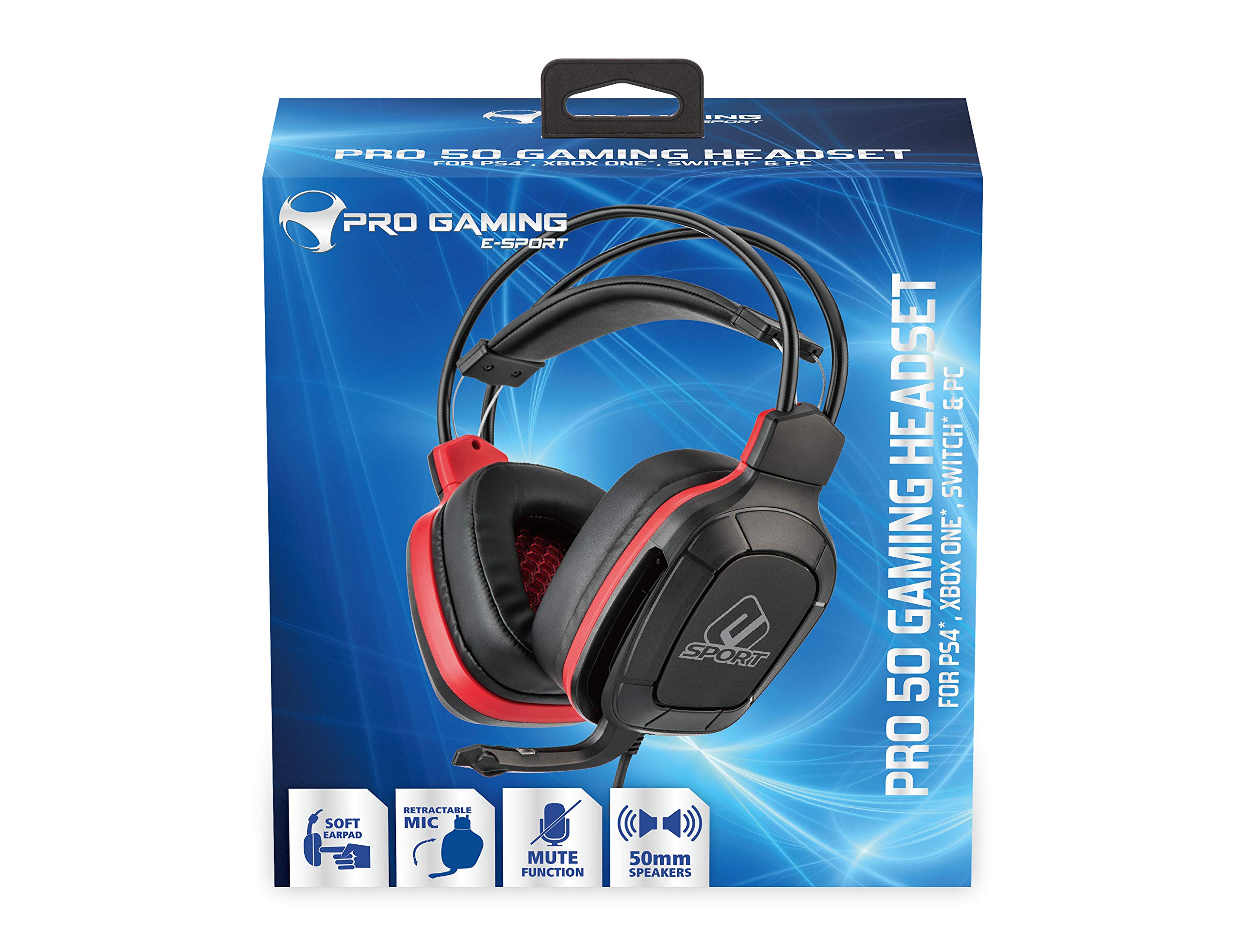 Subsonic - Casque Gamer avec Microphone, Pro Gaming 50, Rouge Esport (PS4 Slim/Pro/Xbox One/PC/Nintendo Switch - Rouge Esport