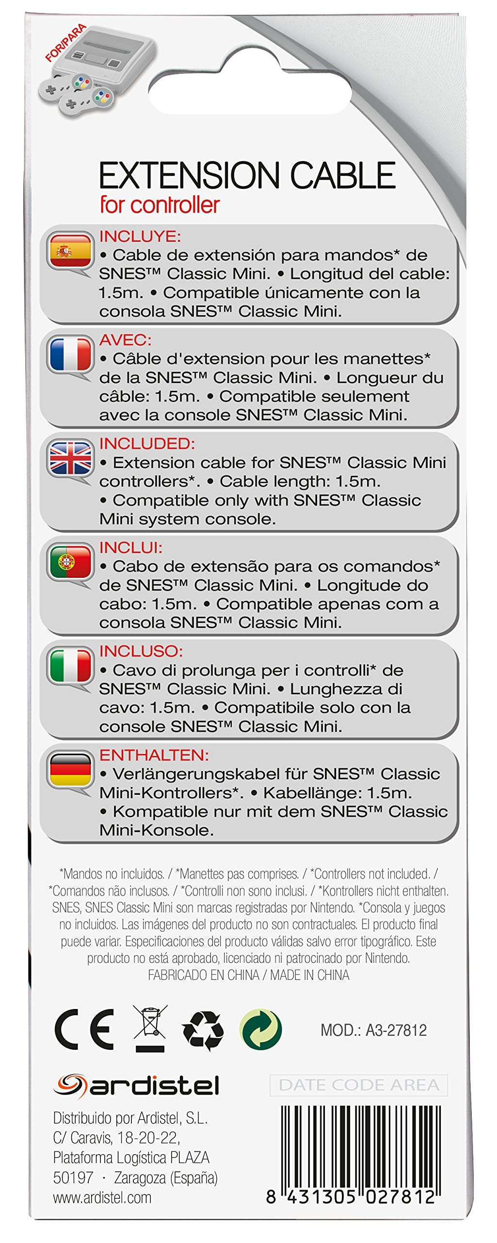 Ardistel - Câble d'extension 1,5 m pour mini-contrôleur NES/SNES (Nintendo Super Nes)