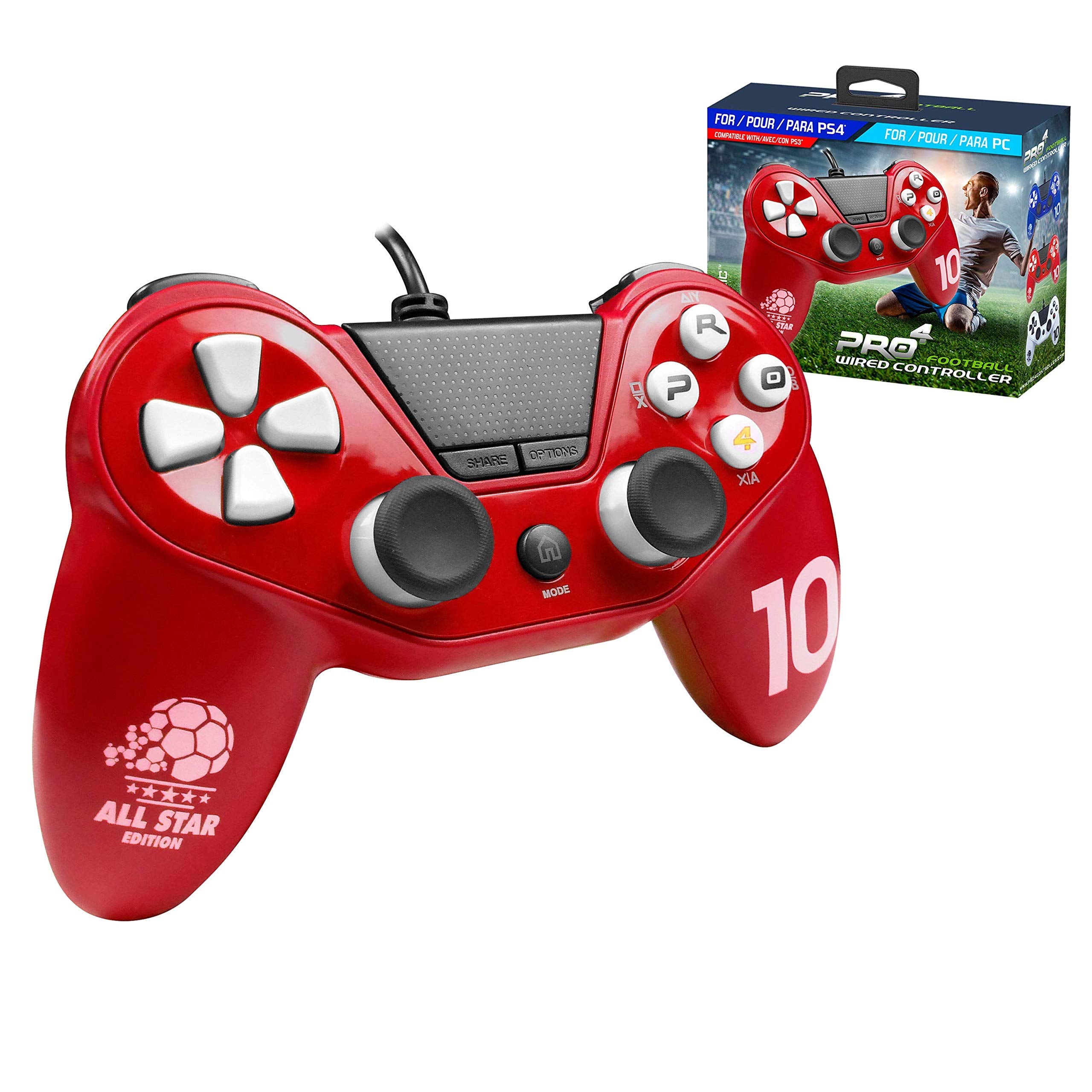 Mando ps4 Pro4 FúTbol Rojo Con Cable ( PS4/PS3/PC) - Edición fútbol
