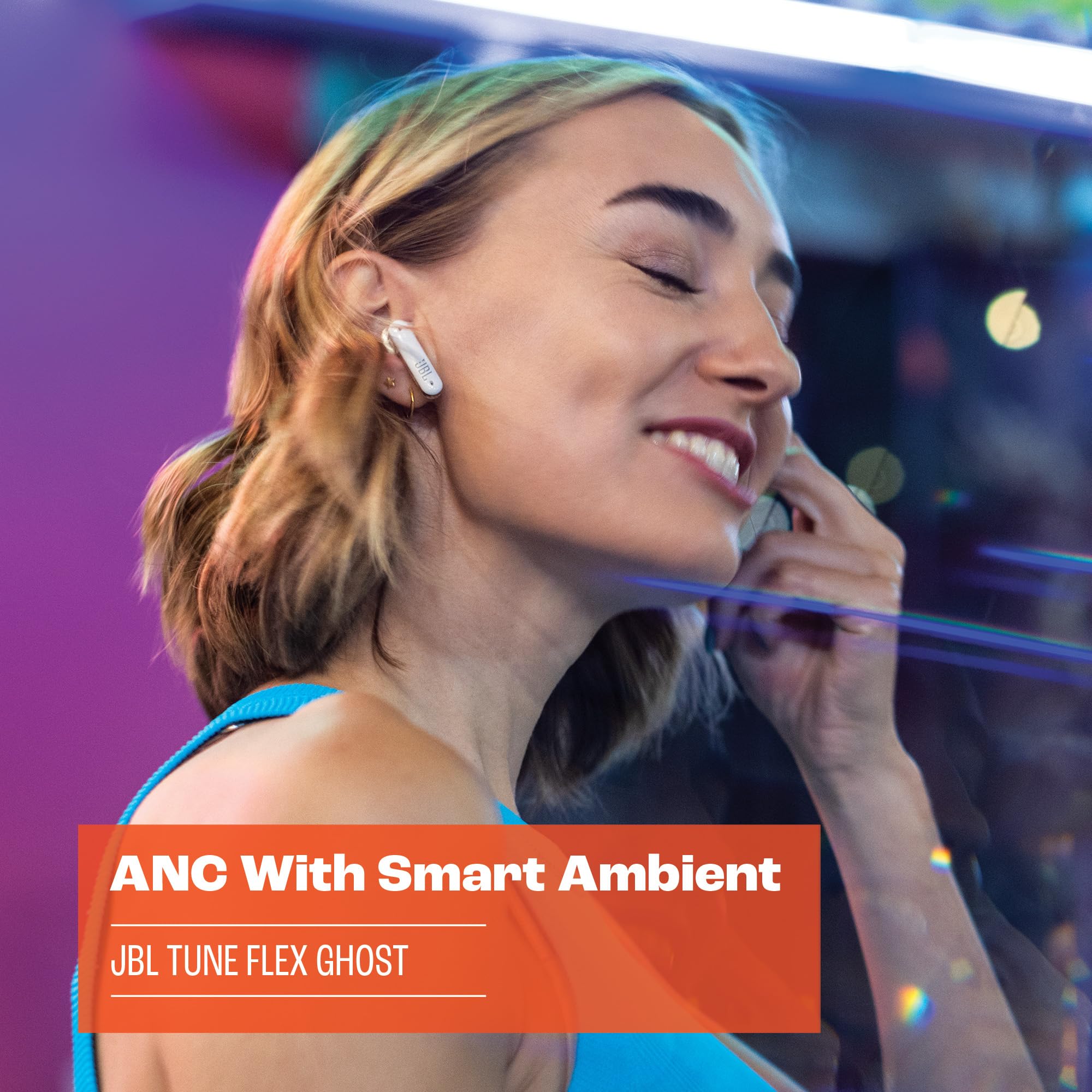 JBL Tune Flex Ghost, Auriculares In-Ear inalámbricos con cancelación de ruido adaptativa, Bluetooth, resistente al agua y al sudor IPX4, aplicación JBL Headphones y 32 horas de batería, purple ghost