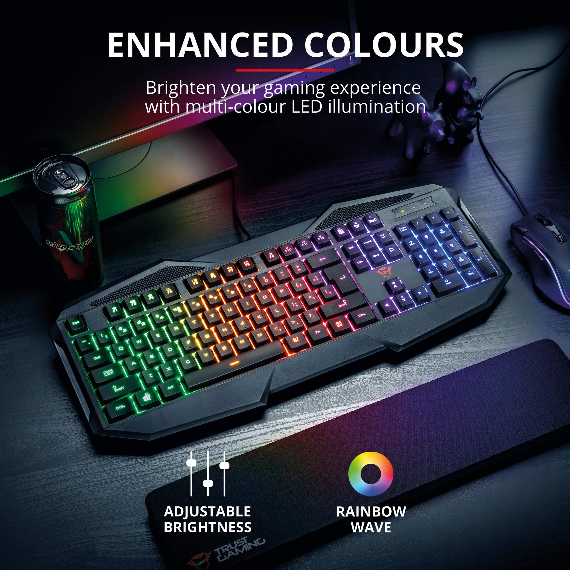Trust Gaming Gxt 830-Rw Avonn Teclado Gaming, DisposicióN Qwerty EspañOl, Led IluminacióN, 12 Teclas Multimedia, Teclado AláMbrico Para Windows, Pc, Ordenador, PortáTil - Negro