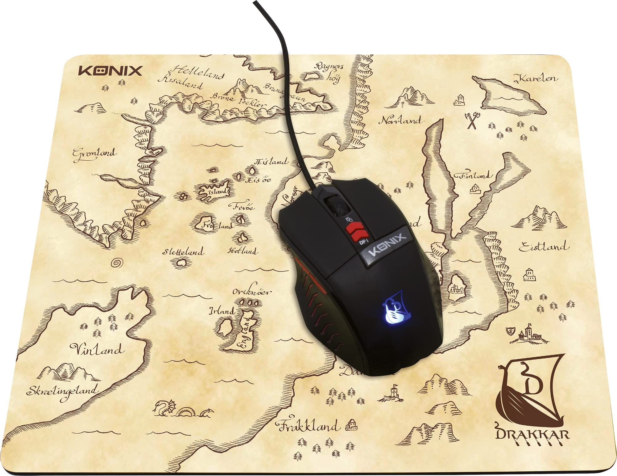 Konix Drakkar Alfombrilla De RatóN Gaming Norrland De 32 X 27 Cm Para Escritorio De Pc Gaming - Superficie Antideslizante - DiseñO Mapa Vikingo