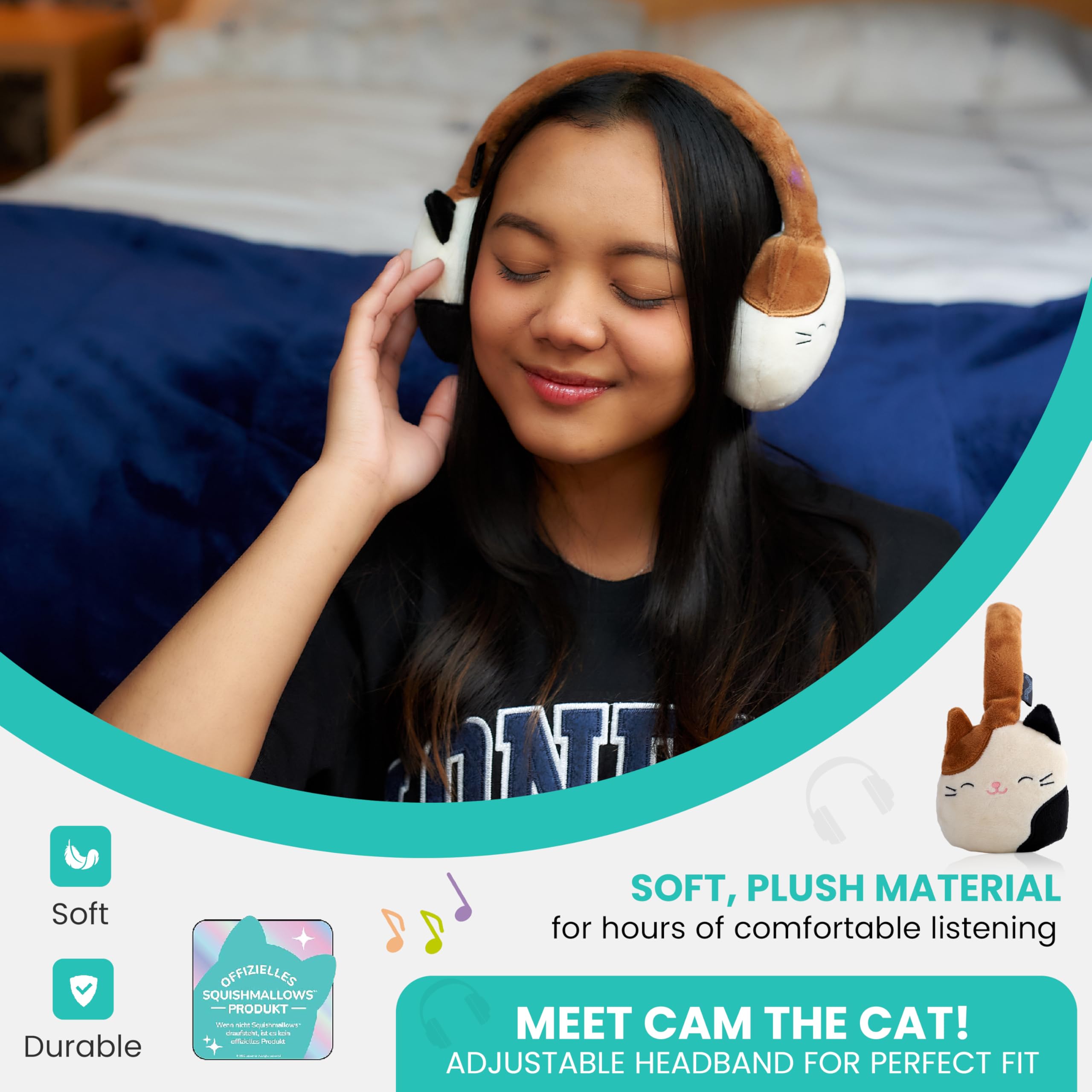 Squishmallows CAM The Cat - Auriculares Bluetooth de Felpa con micrófono Integrado para Hacer y Recibir Llamadas. Rango Bluetooth de 10 Metros, Control de Volumen, Almohadillas de Felpa Suave con