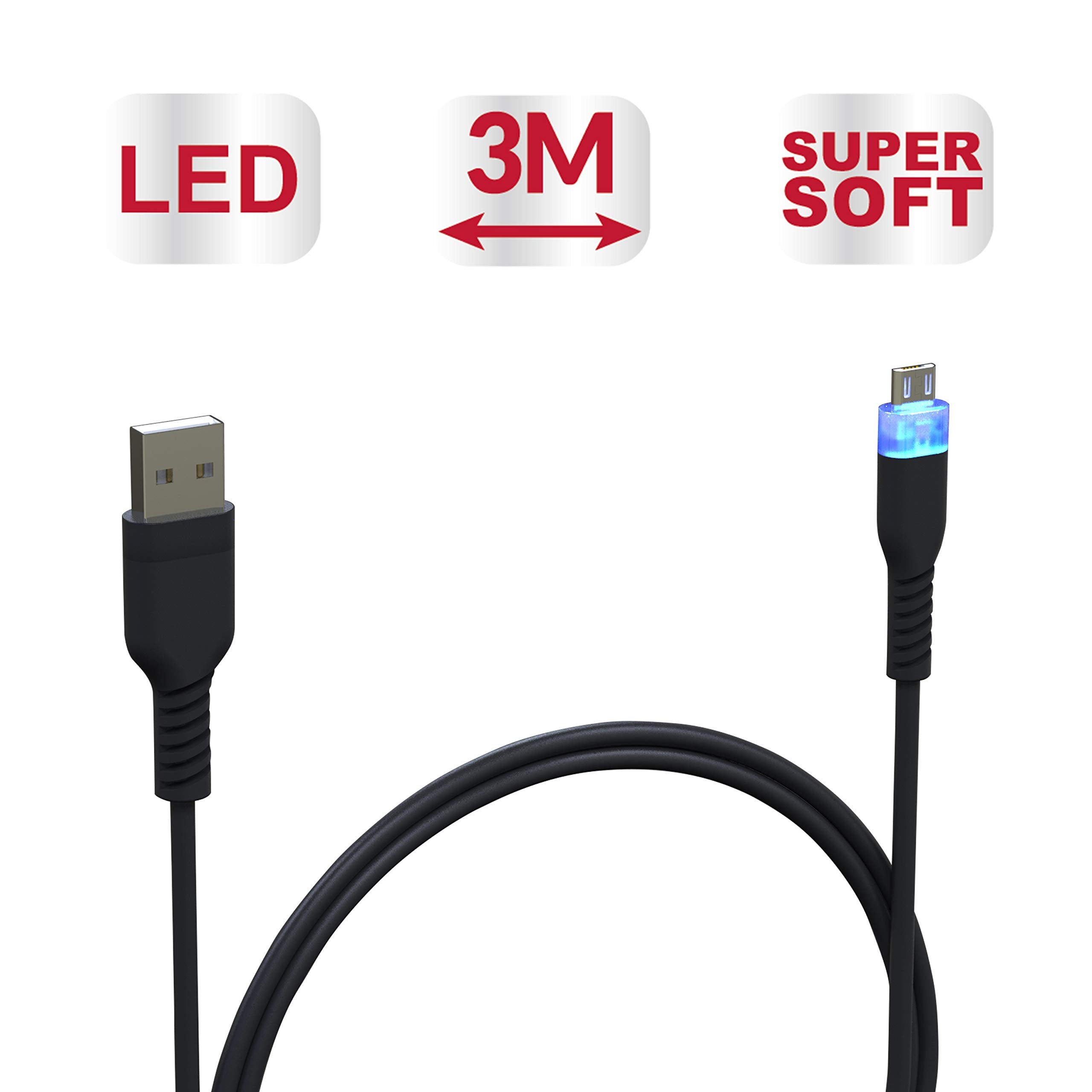 Cable Micro Usb, Supersoft Anti-Nodo Led Para Mando PS4 - /PS4 Pro/PS4 Slim/Xbox One/Xbox One X controller
