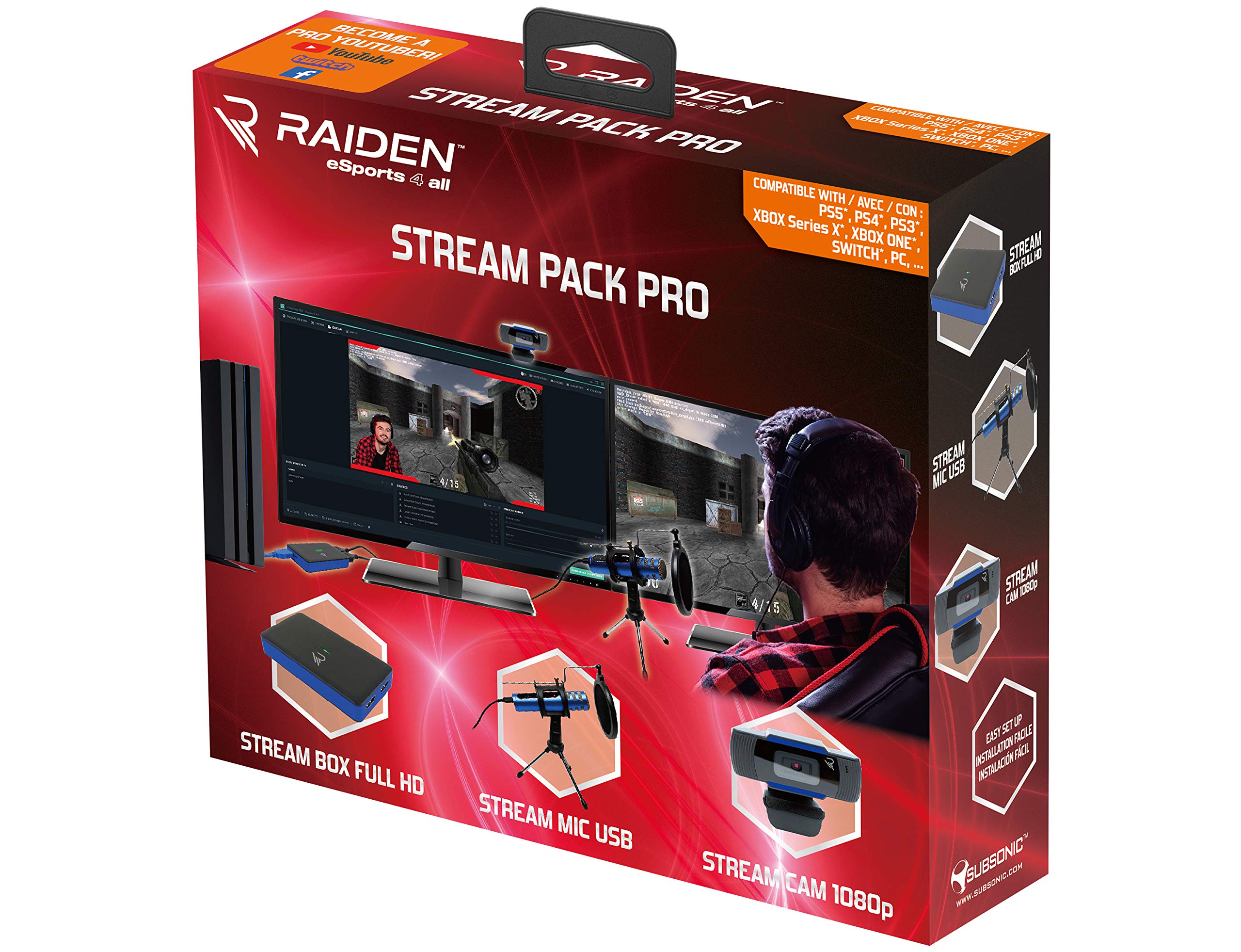 Subsonic Raiden - Paquete De Accesorios Para Jugadores De Streaming Y Youtubers, Caja De Captura De VíDeo Full Hd, MicróFono, CáMara Hd - PS4 - , PS5, Xbox x-Series, Switch, PC, Xbox One. (Windows 8)