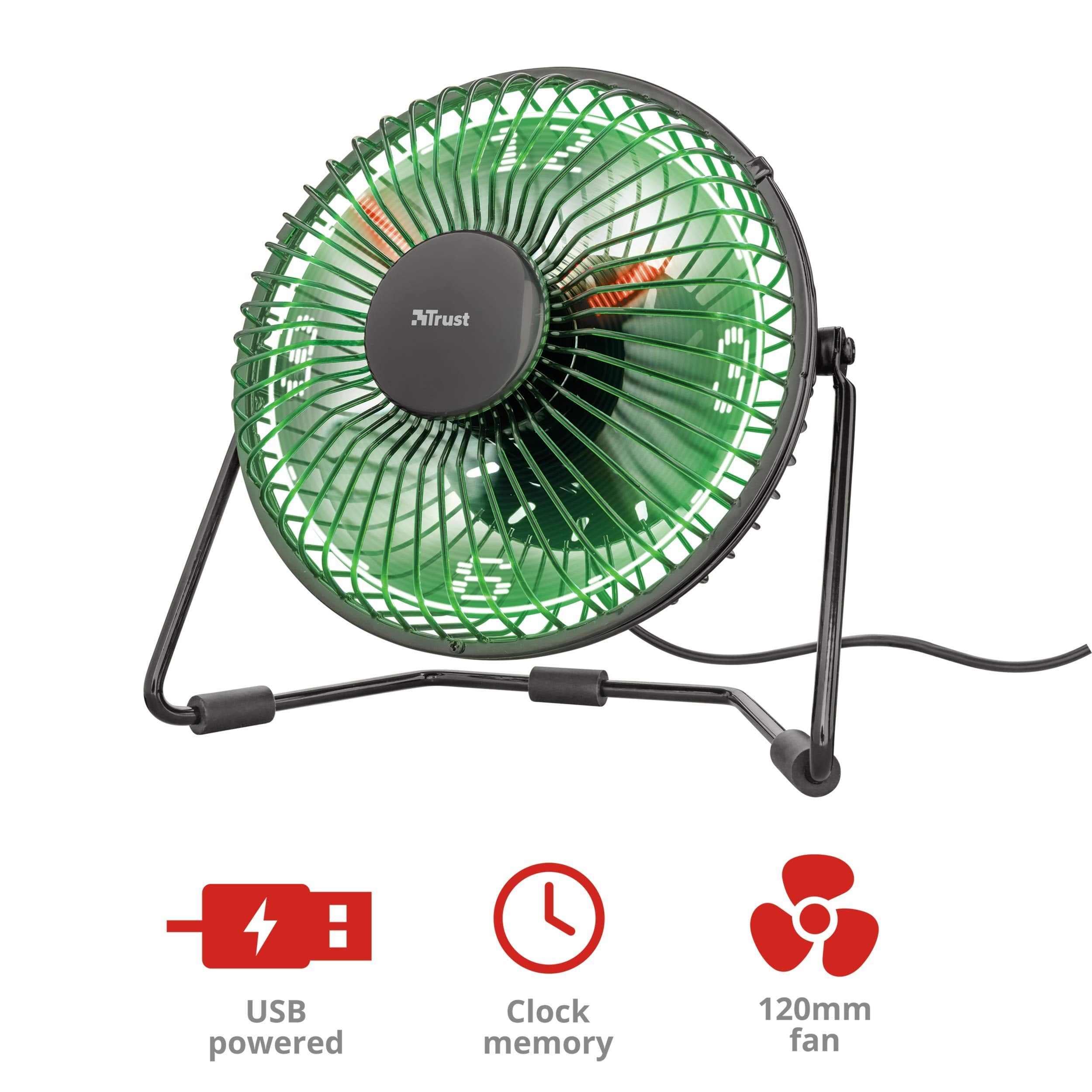 Trust Victu - Ventilador De Sobremesa (Reloj Led, Usb, 120 Mm, Cable De 180 Cm) Negro Y Verde