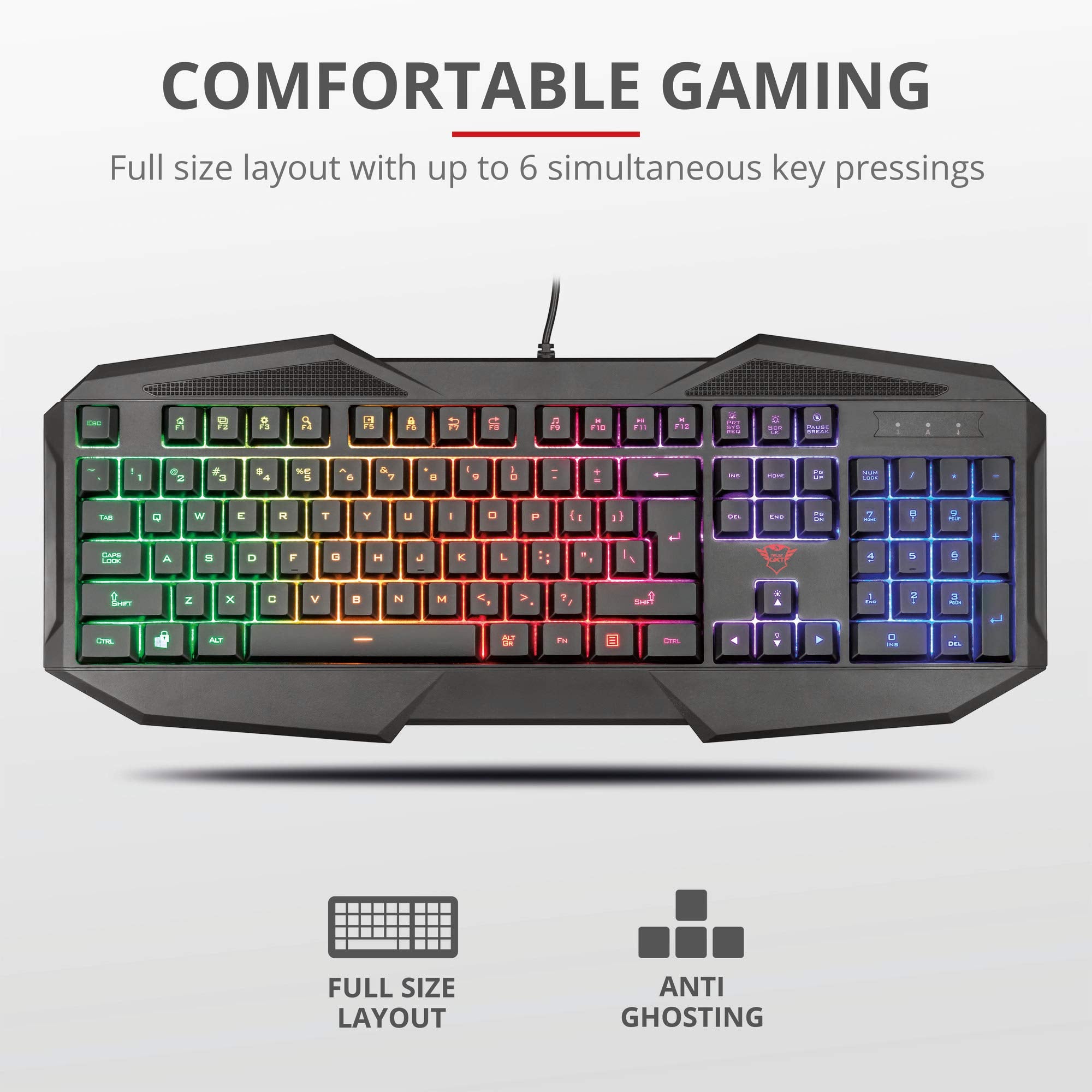 Trust Gaming Gxt 830-Rw Avonn Teclado Gaming, DisposicióN Qwerty EspañOl, Led IluminacióN, 12 Teclas Multimedia, Teclado AláMbrico Para Windows, Pc, Ordenador, PortáTil - Negro