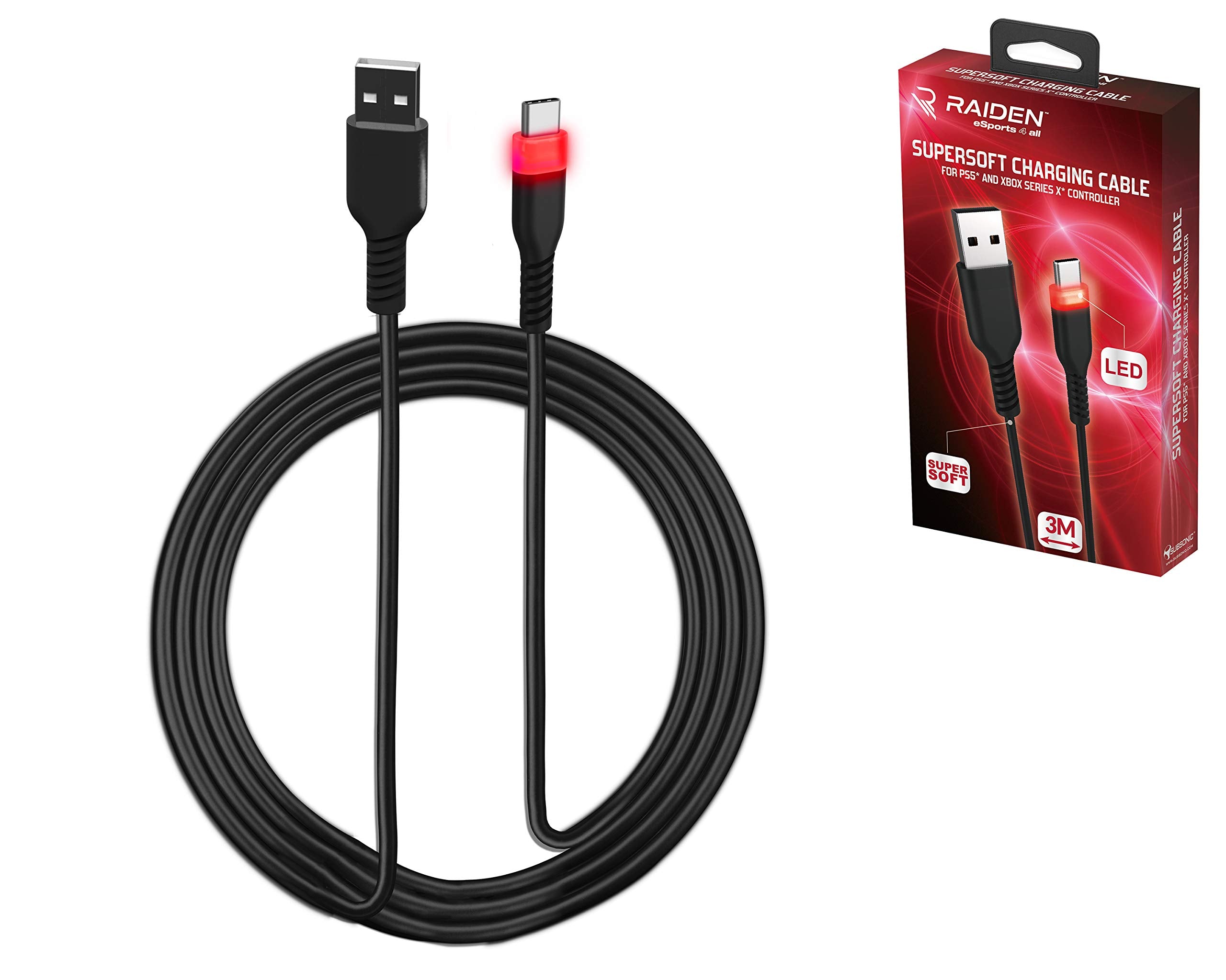 Subsonic Raiden - Cable Usb C De Carga Y Transferencia, Supersoft Anti Nudos De 3 Metros, RetroiluminacióN Led Para El Mando ( PS5 - )
