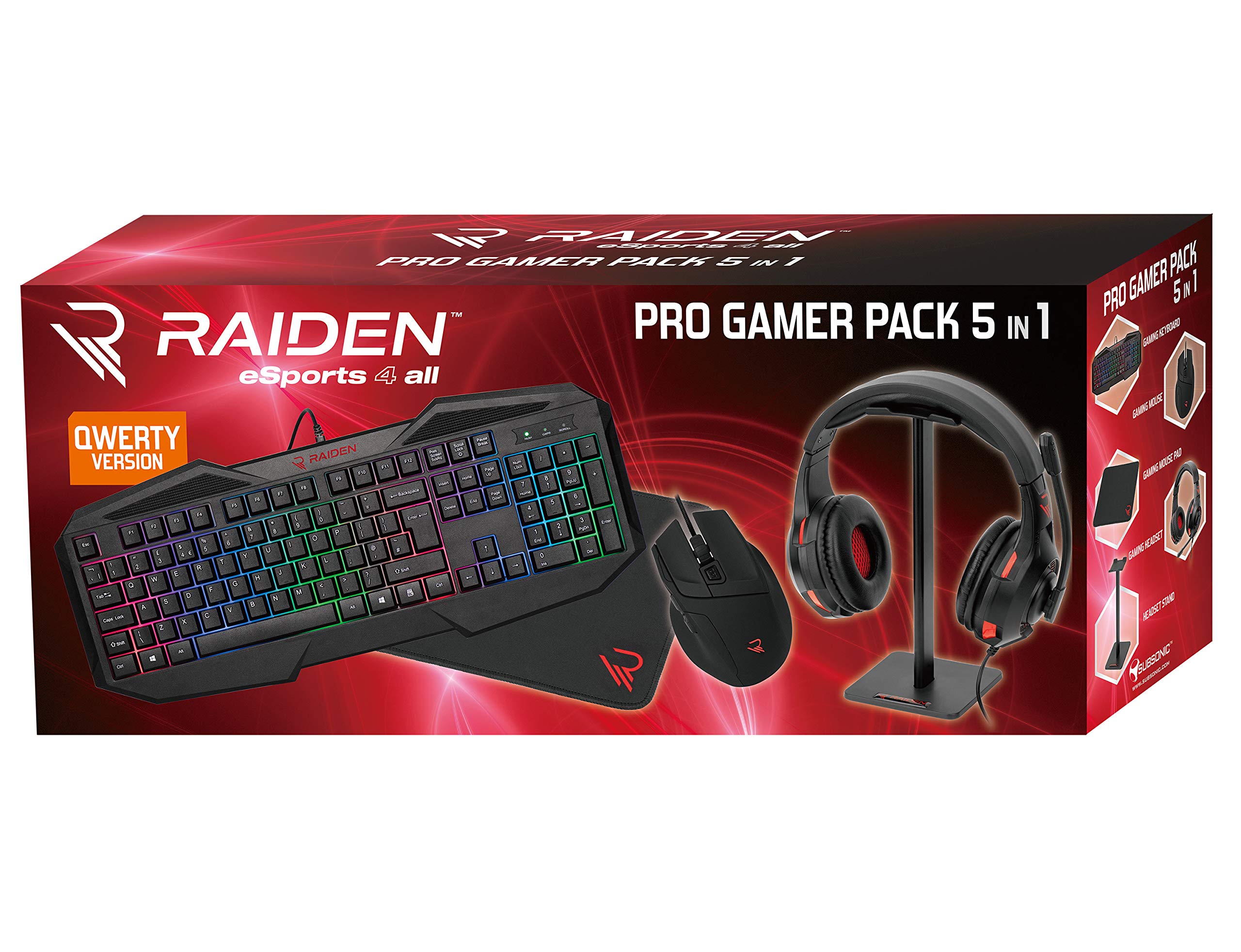 - Raiden - Paquete De Accesorios De Juego 5 En 1 Para Pc - Teclado Qwerty - RatóN - Alfombrillas - Soporte Para Auriculares Y Cascos (Windows 8)