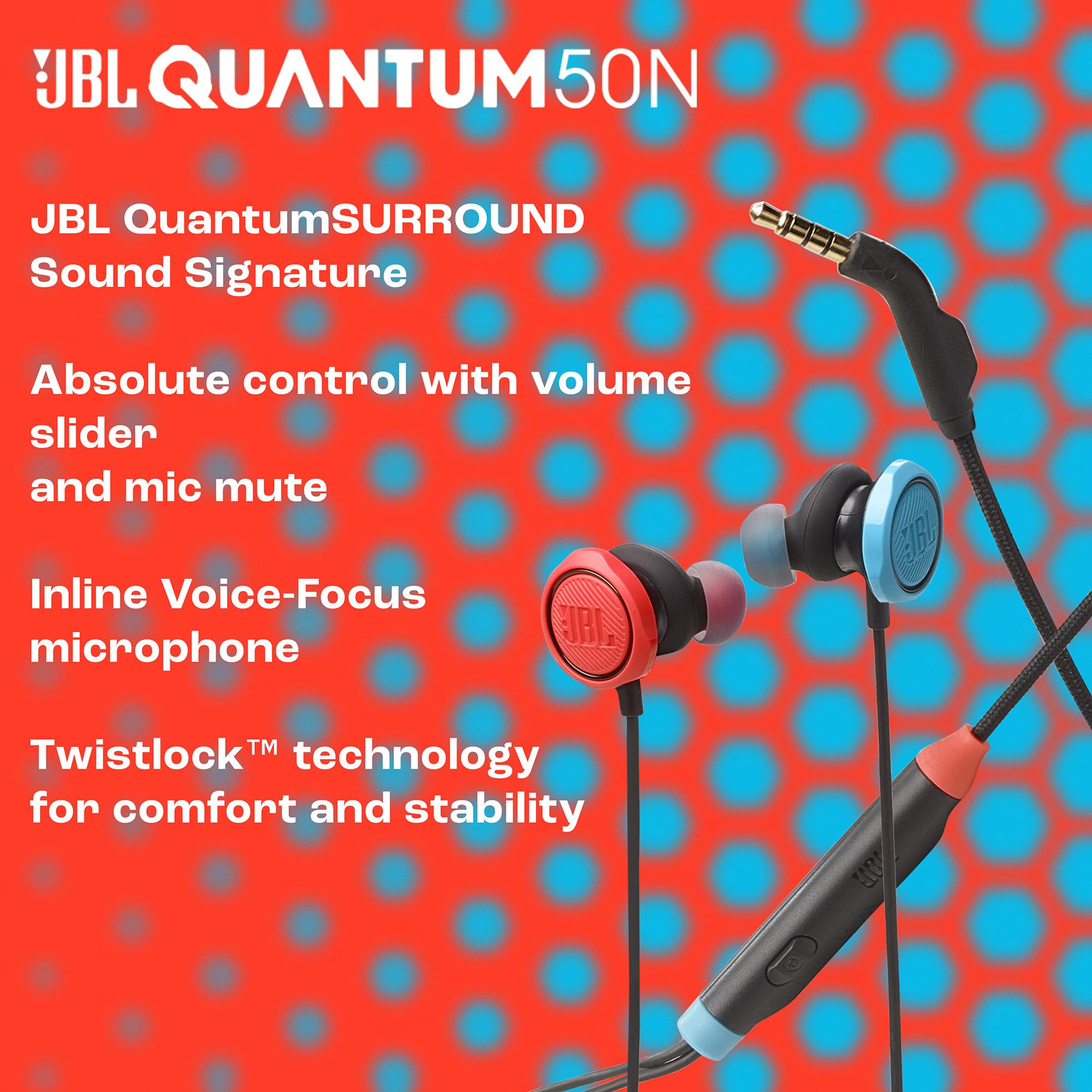 JBL Quantum 50N, auriculares intraaurales para gaming con cable, USB-C, JBL QuantumSURROUND, micrófono, botones para volumen y silenciar micrófono, compatibilidad multiplataforma, azul y rojo