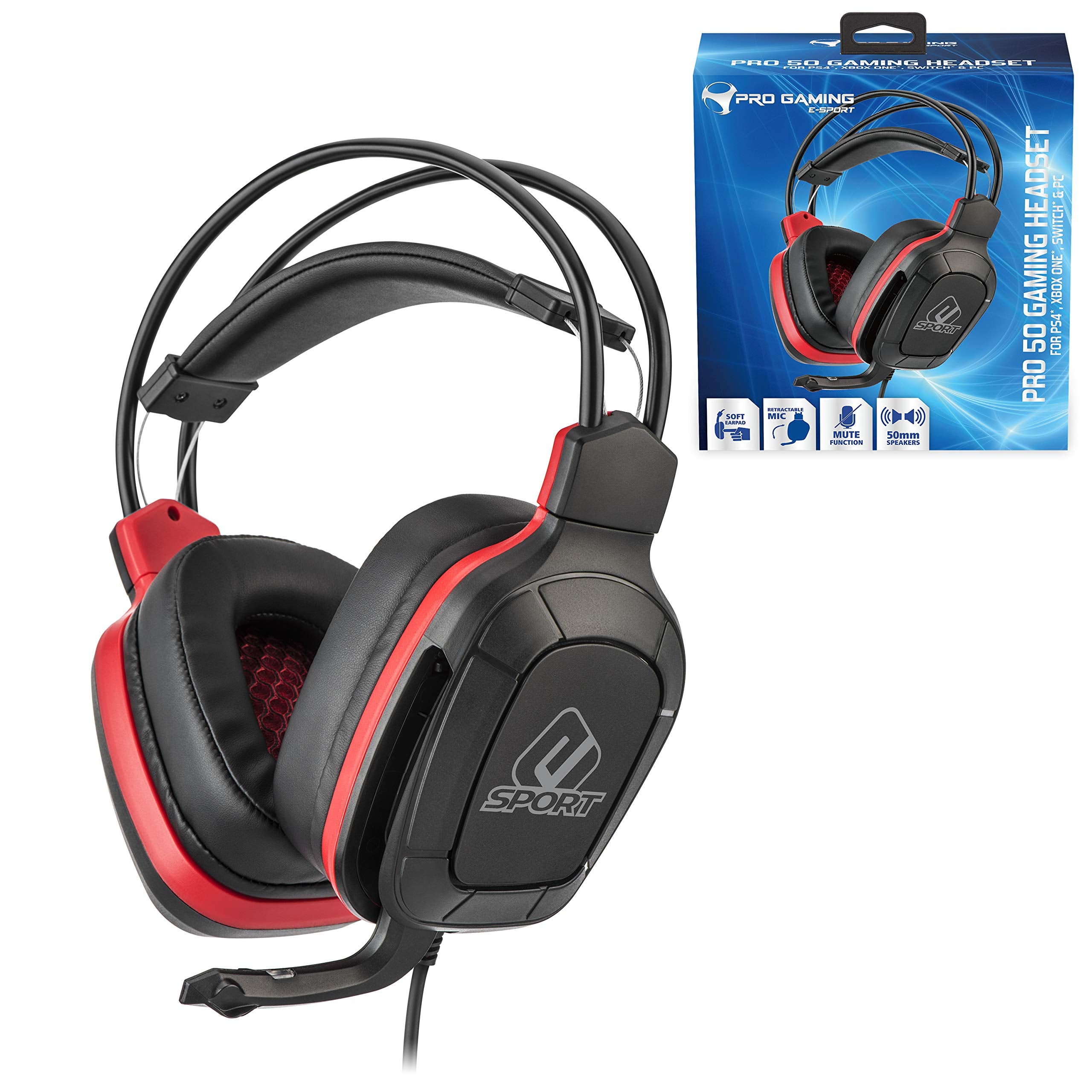 Subsonic - Casque Gamer avec Microphone, Pro Gaming 50, Rouge Esport (PS4 Slim/Pro/Xbox One/PC/Nintendo Switch - Rouge Esport