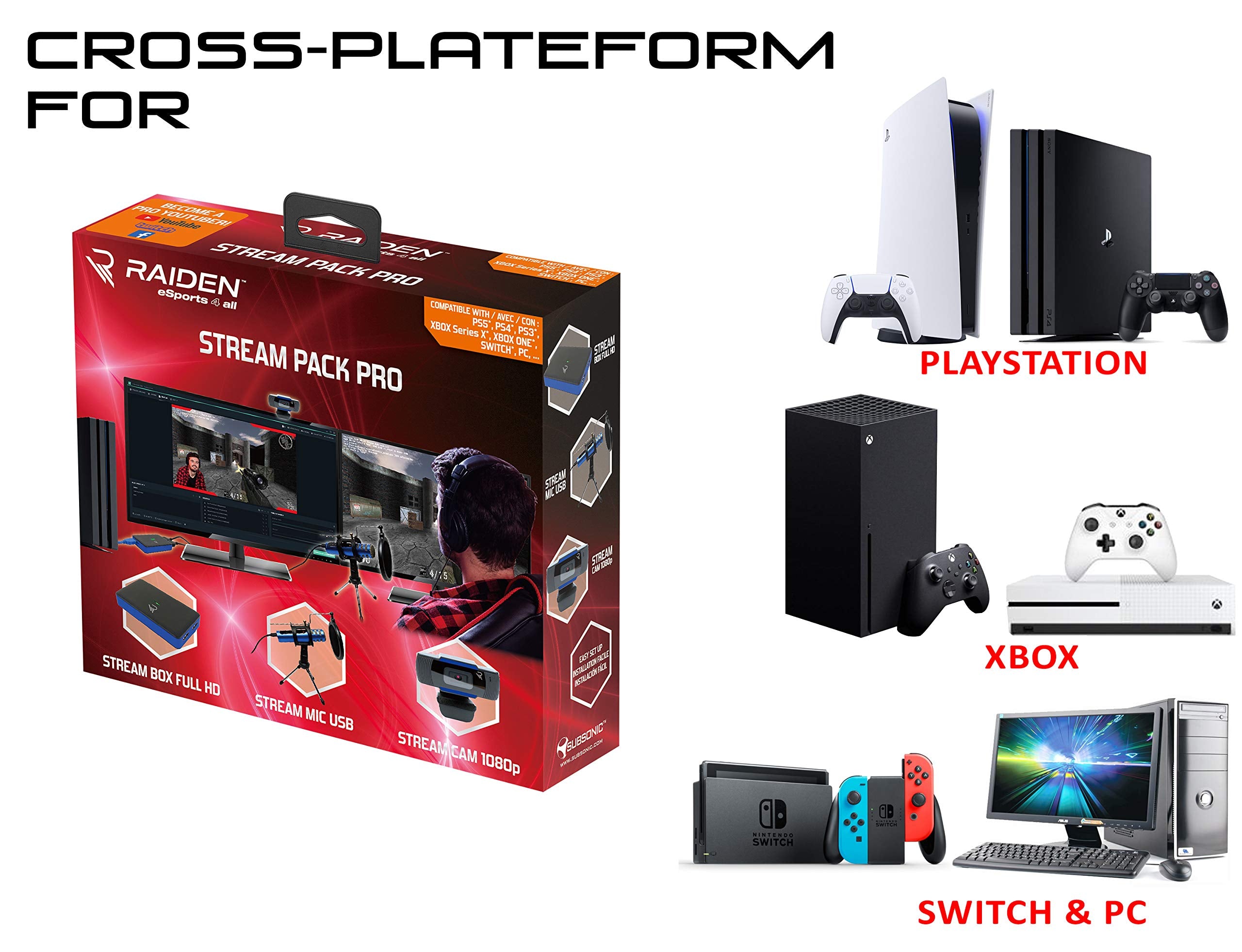 Subsonic Raiden - Paquete De Accesorios Para Jugadores De Streaming Y Youtubers, Caja De Captura De VíDeo Full Hd, MicróFono, CáMara Hd - PS4 - , PS5, Xbox x-Series, Switch, PC, Xbox One. (Windows 8)