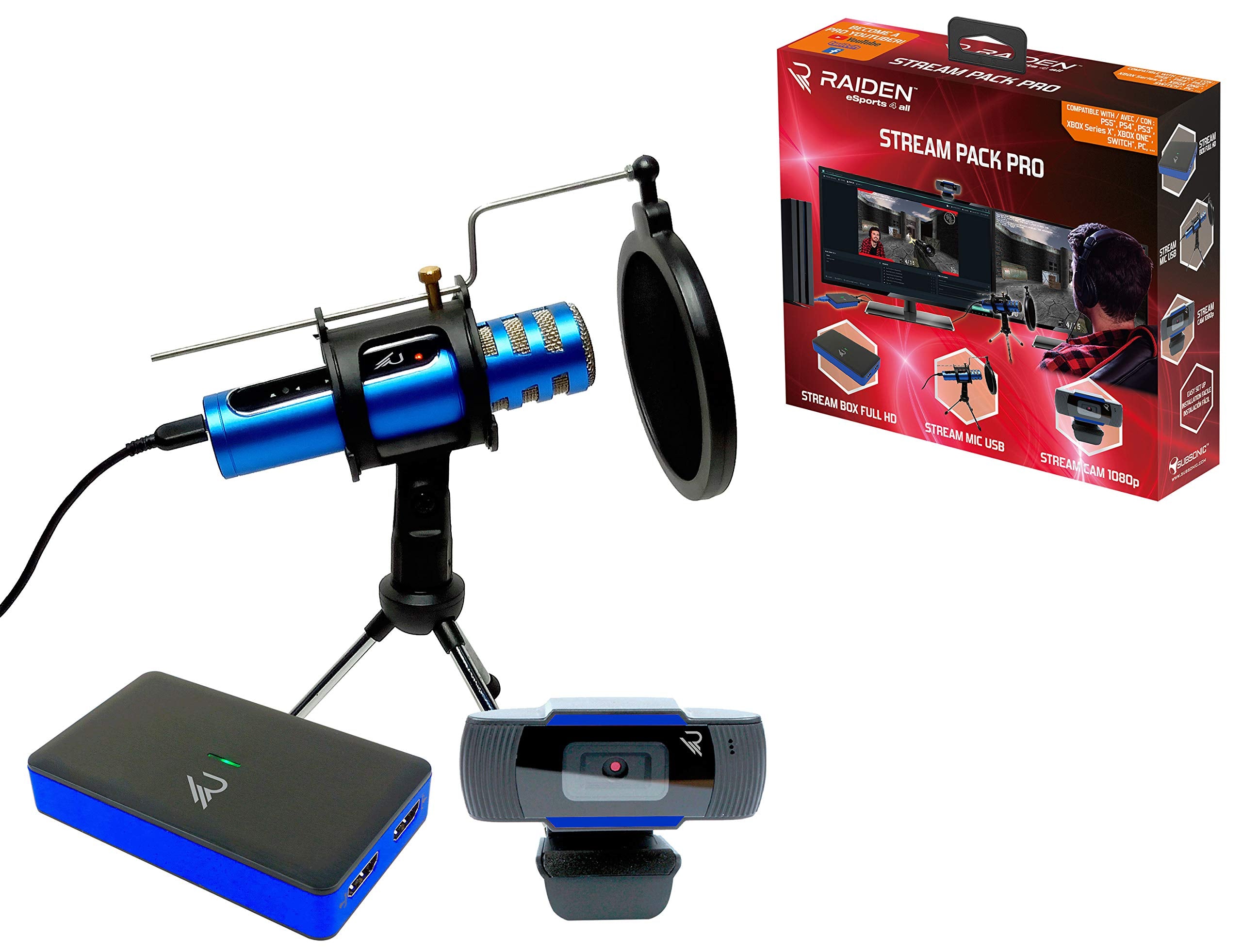 Subsonic Raiden - Paquete De Accesorios Para Jugadores De Streaming Y Youtubers, Caja De Captura De VíDeo Full Hd, MicróFono, CáMara Hd - PS4 - , PS5, Xbox x-Series, Switch, PC, Xbox One. (Windows 8)