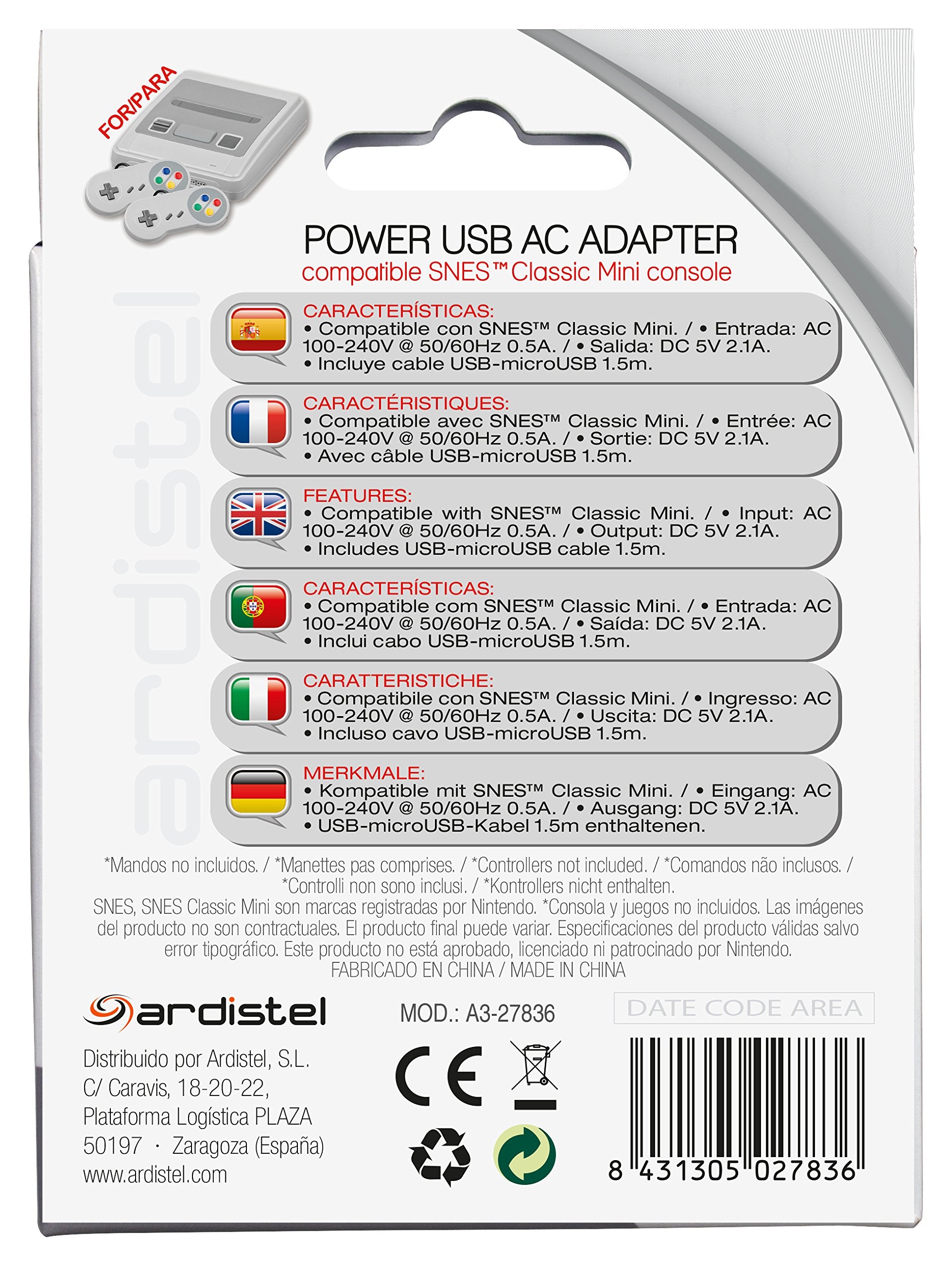 Adaptador Ardistel Corriente Usb 2.1a (Nes/Snes Mini) - Para Nintendo Classic Mini