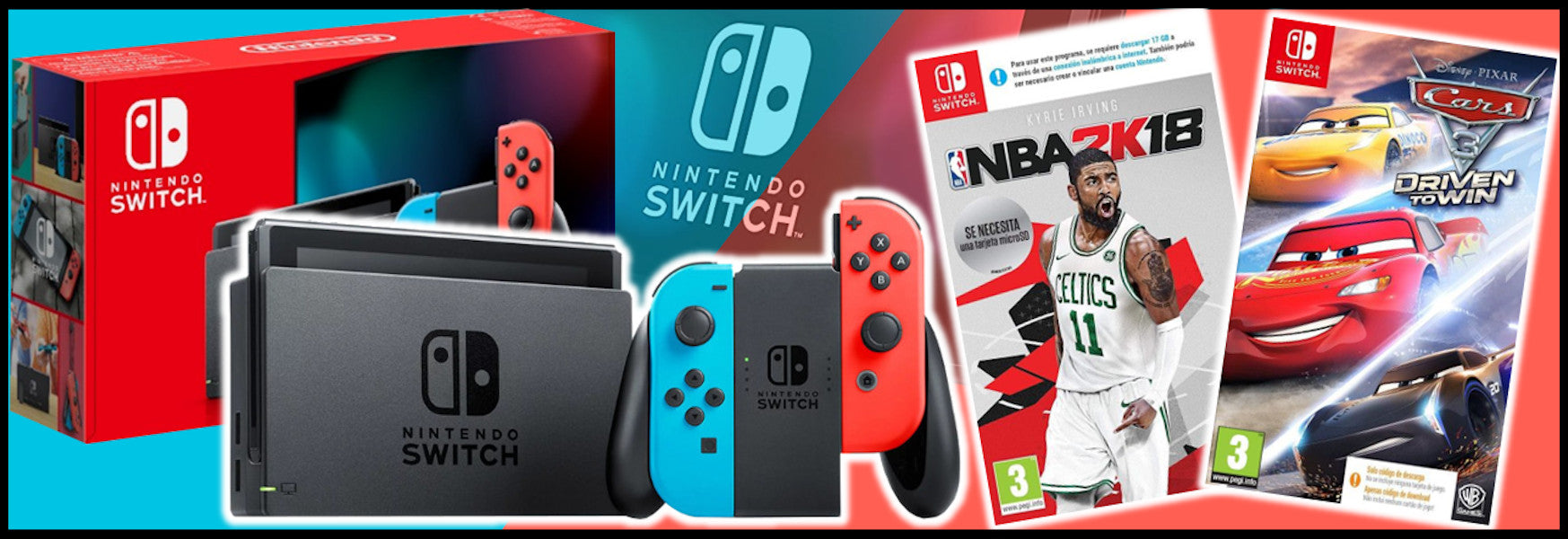 NINTENDO SWITCH - Neon Blue/Red + NBA 2K18 + Cars 3: Driven to Win